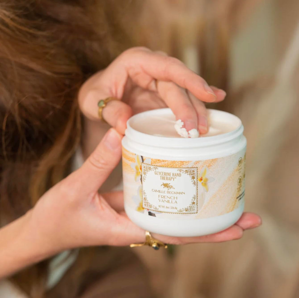 Camille Beckman glycerine hand therapy cream vanilla texture closeup shows creamy moisture for dry hands