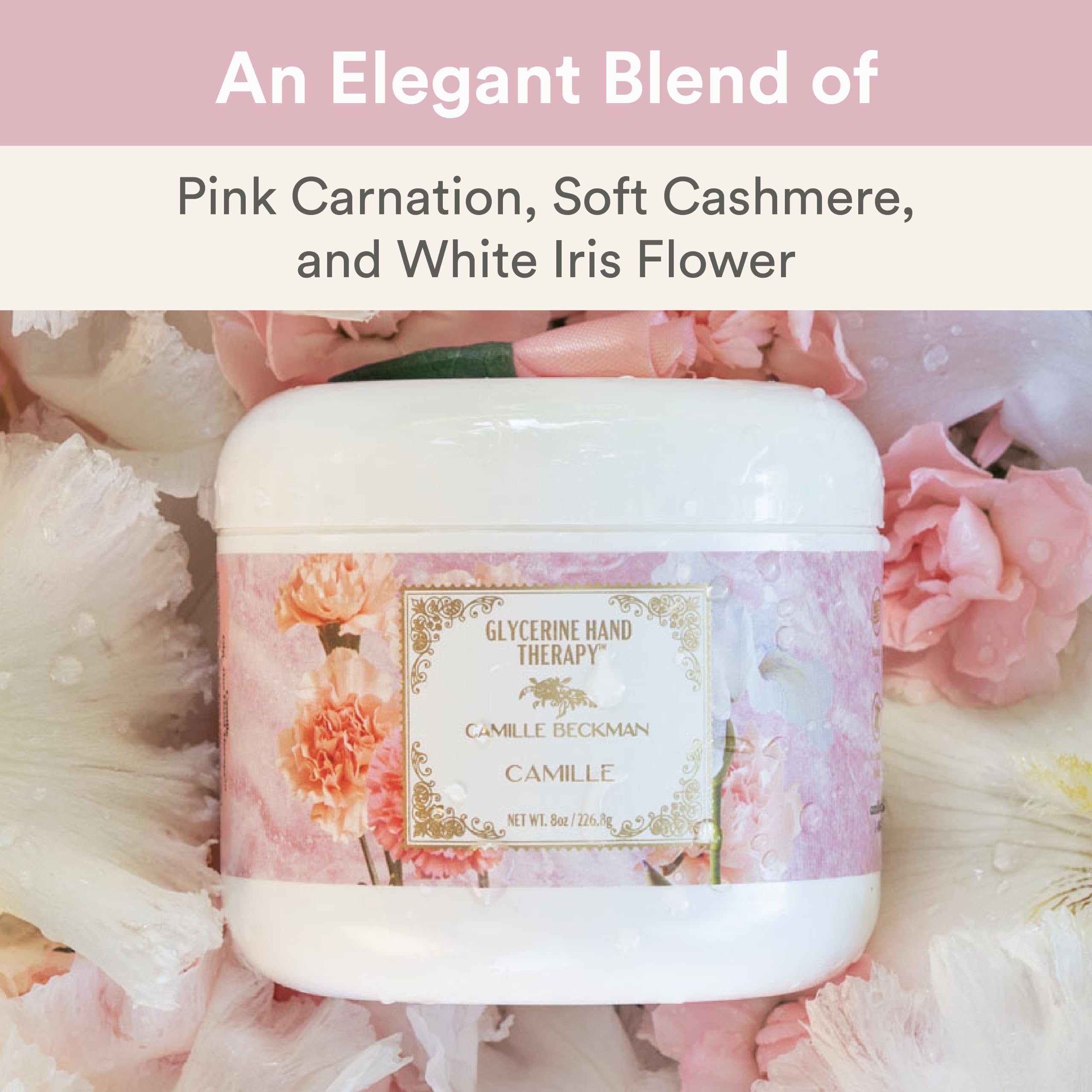 Camille Beckman hand therapy cream texture close-up emphasizing nourishing almond oil benefits