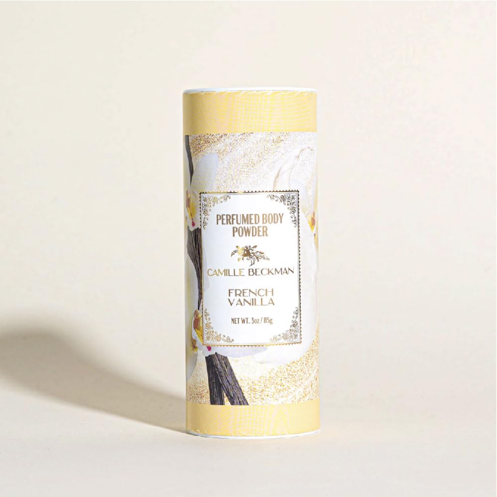 Camille Beckman talc-free body powder ready for easy application on dry areas.