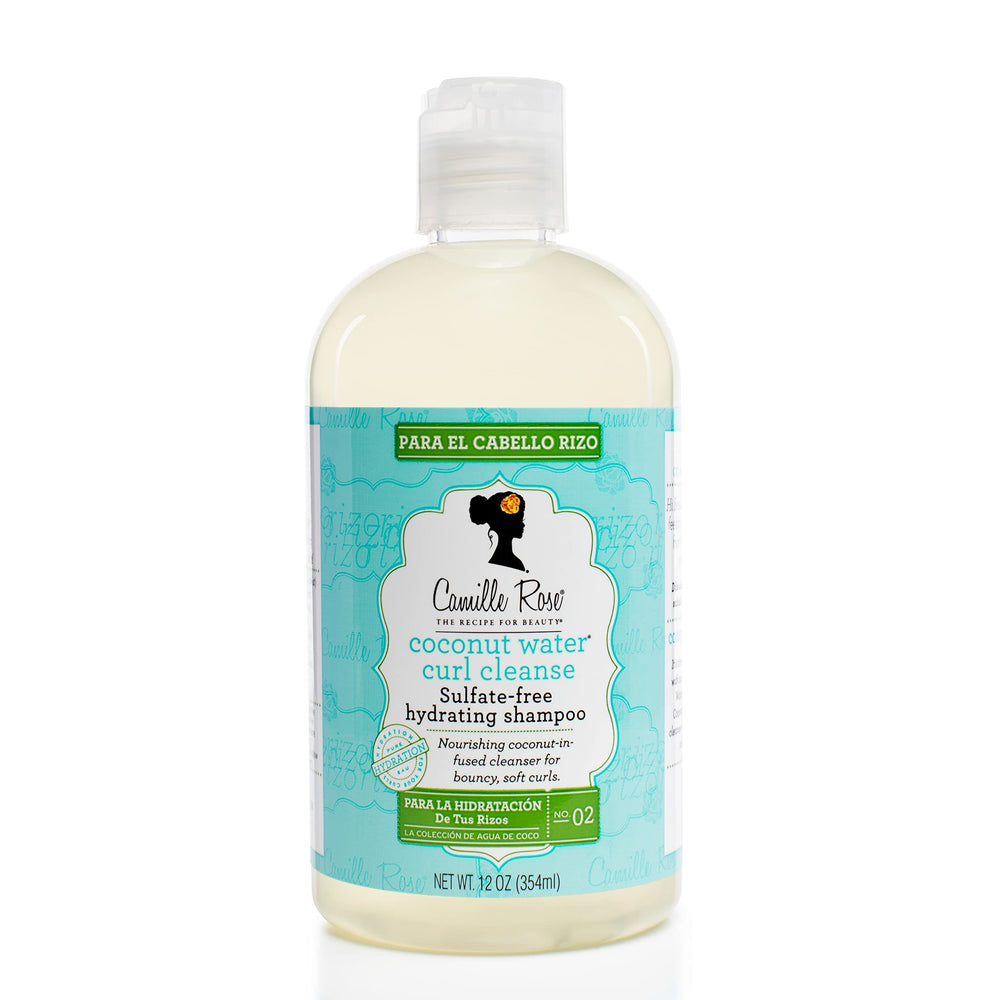 Camille Rose Coconut Water Curl Cleanse bottle highlights hydrating formula for soft, bouncy curls