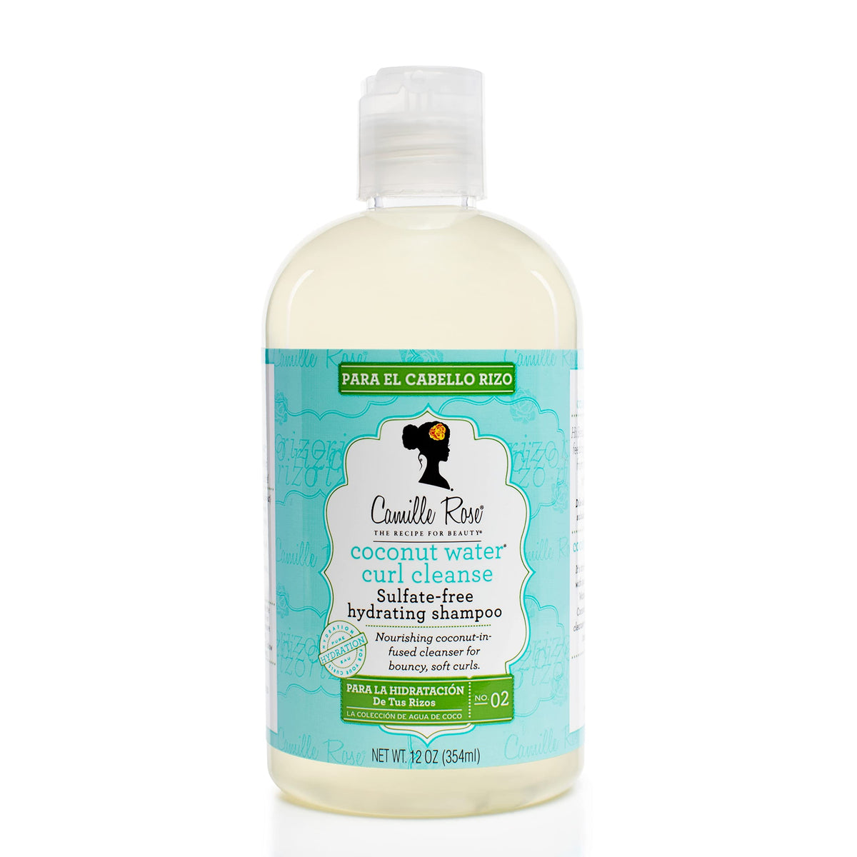 Camille Rose Coconut Water Curl Cleanse bottle highlights hydrating formula for soft, bouncy curls