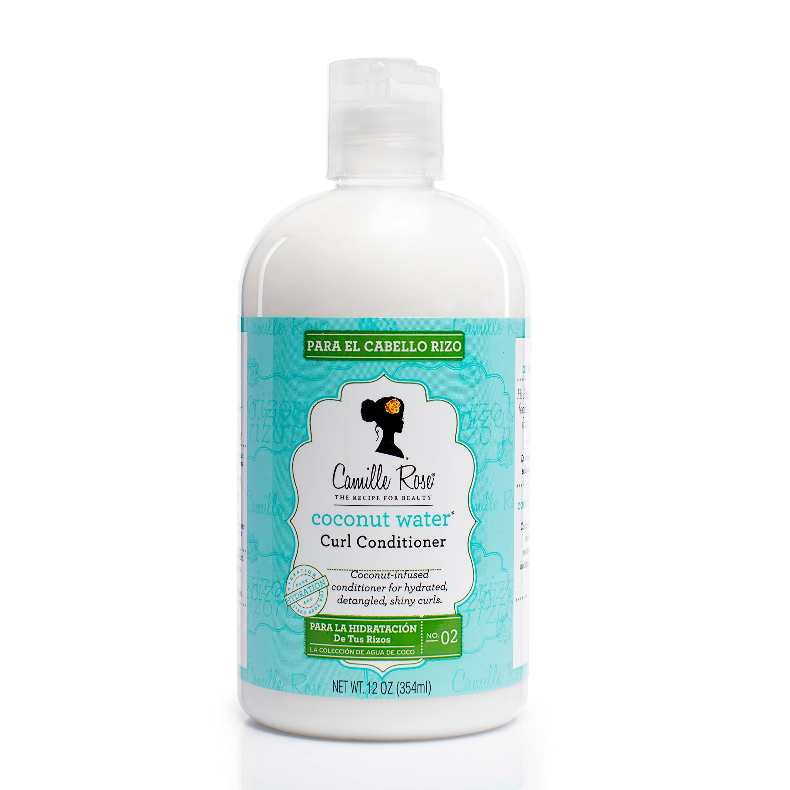 Camille Rose Coconut Water Curl Conditioner bottle highlighting hydration for all curl types.