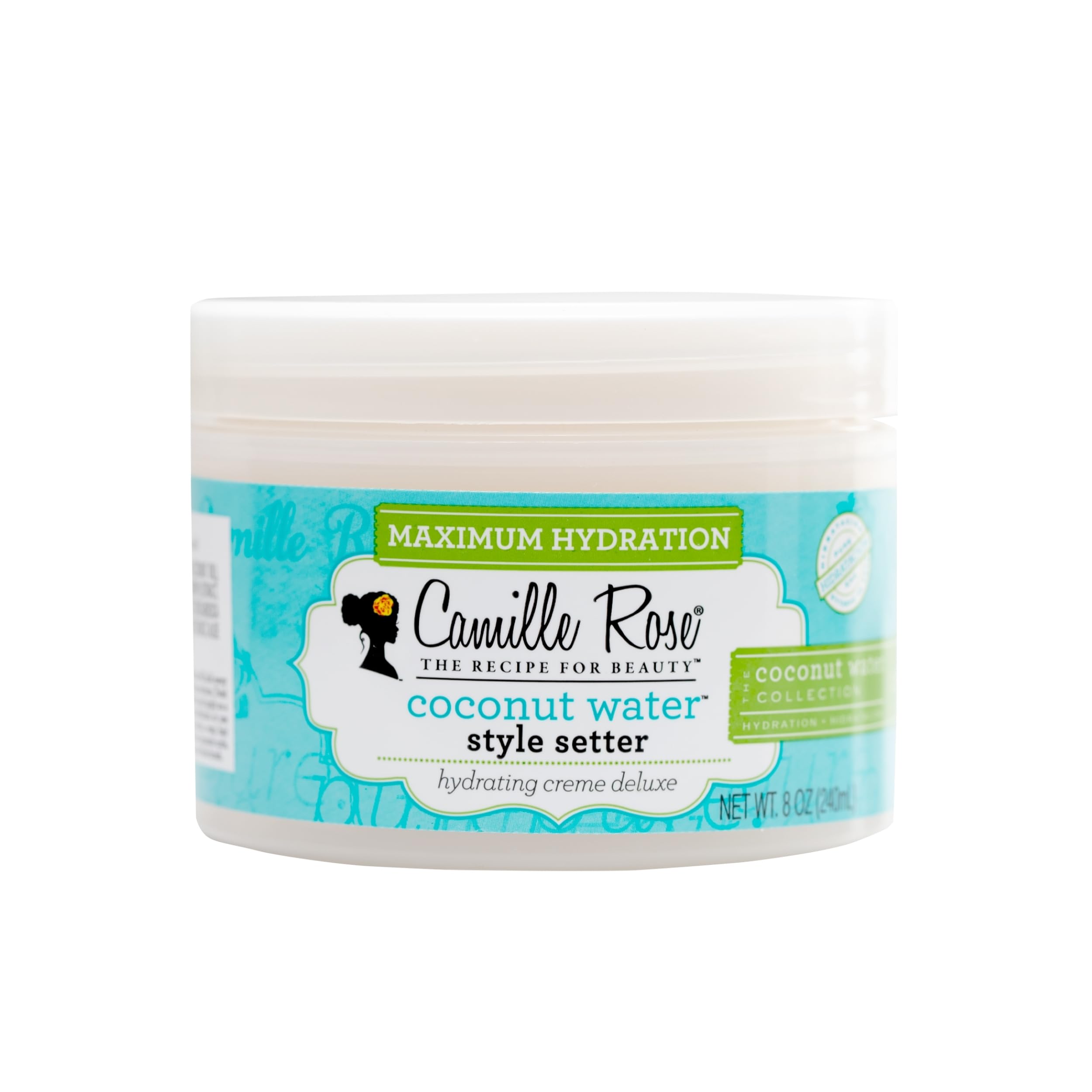 Camille Rose Coconut Water Style Setter bottle closeup with hydrating hold.