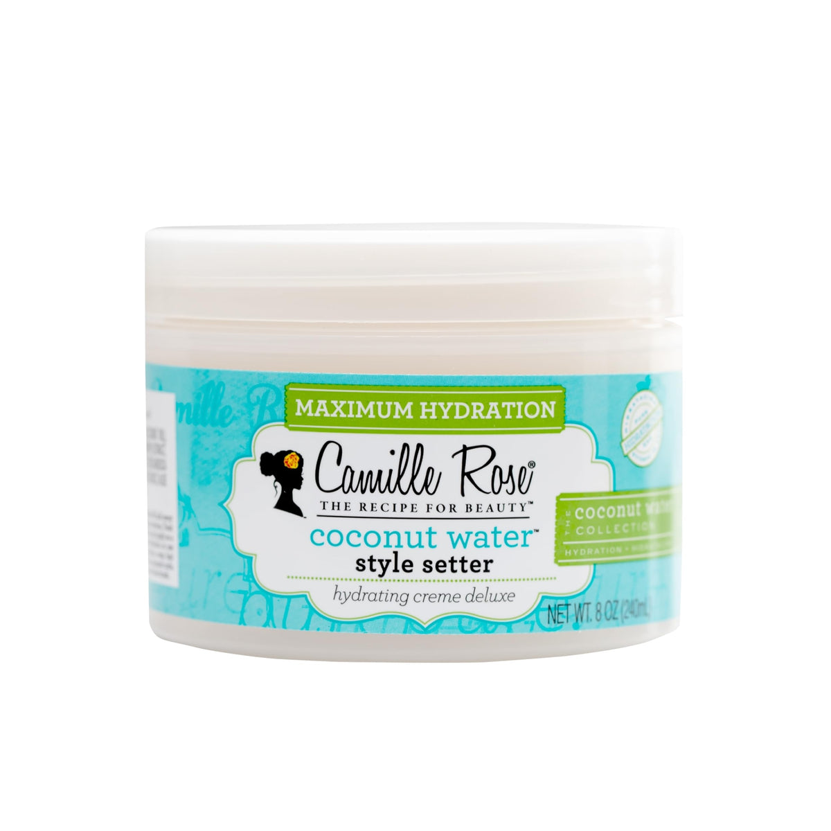 Camille Rose Coconut Water Style Setter bottle closeup with hydrating hold.