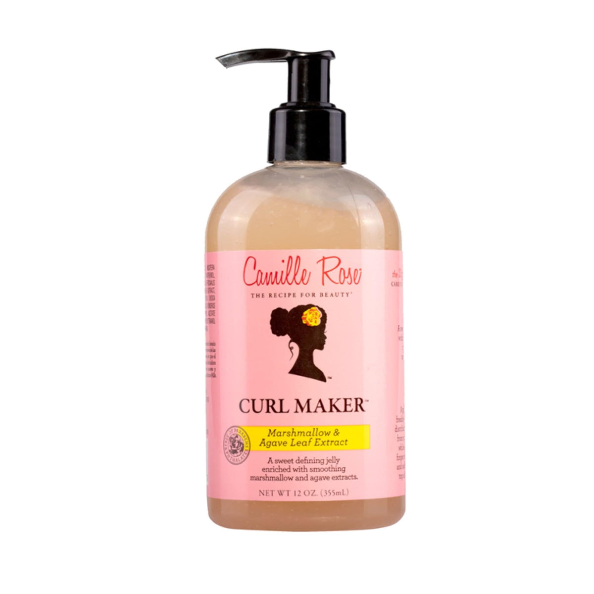 Camille Rose Curl Maker bottle close-up highlighting smoothing gel for defined curls.