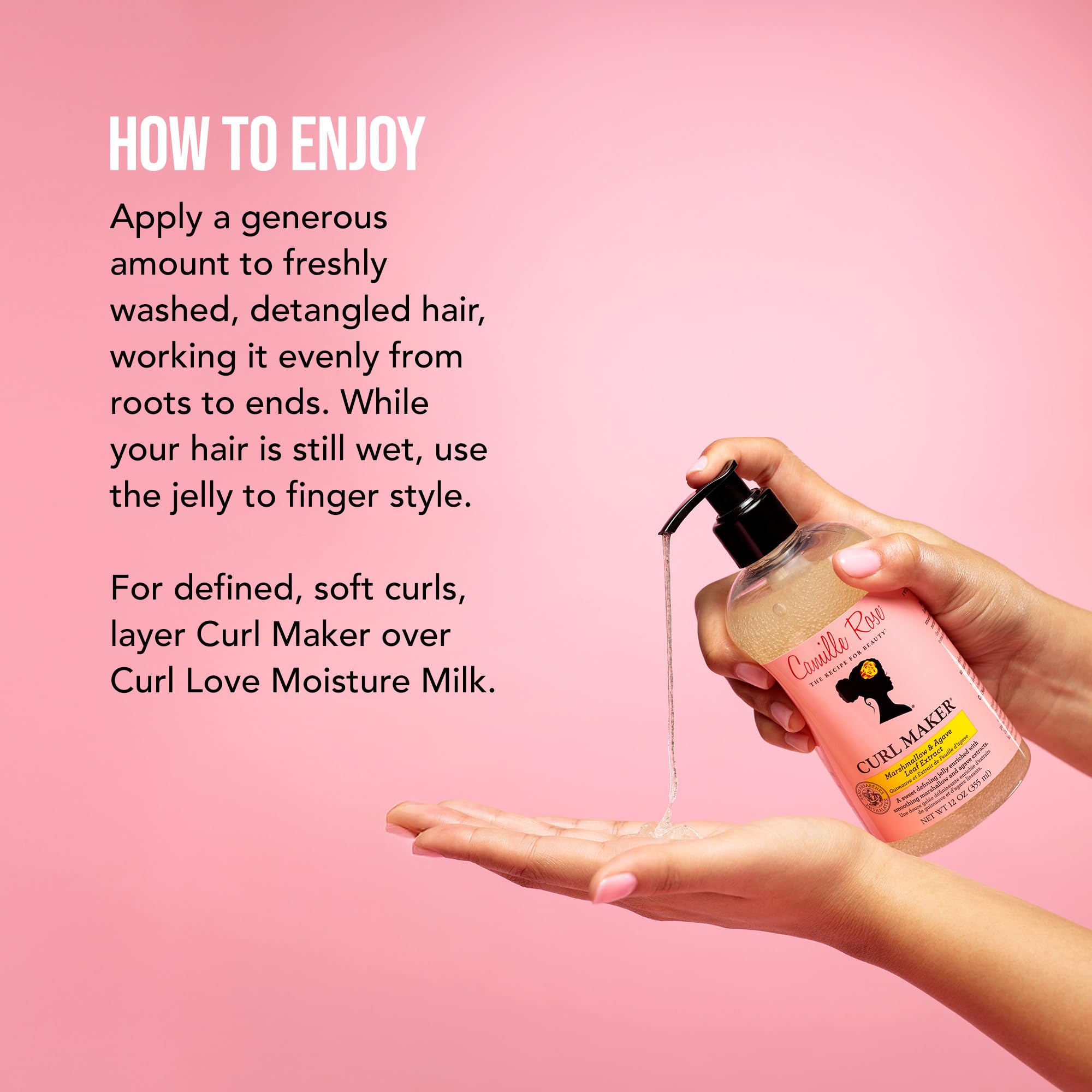 Camille Rose Curl Maker on wet hair demonstrates curl definition with soft, non-crunchy hold.