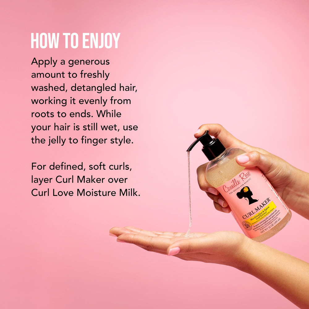 Camille Rose Curl Maker on wet hair demonstrates curl definition with soft, non-crunchy hold.