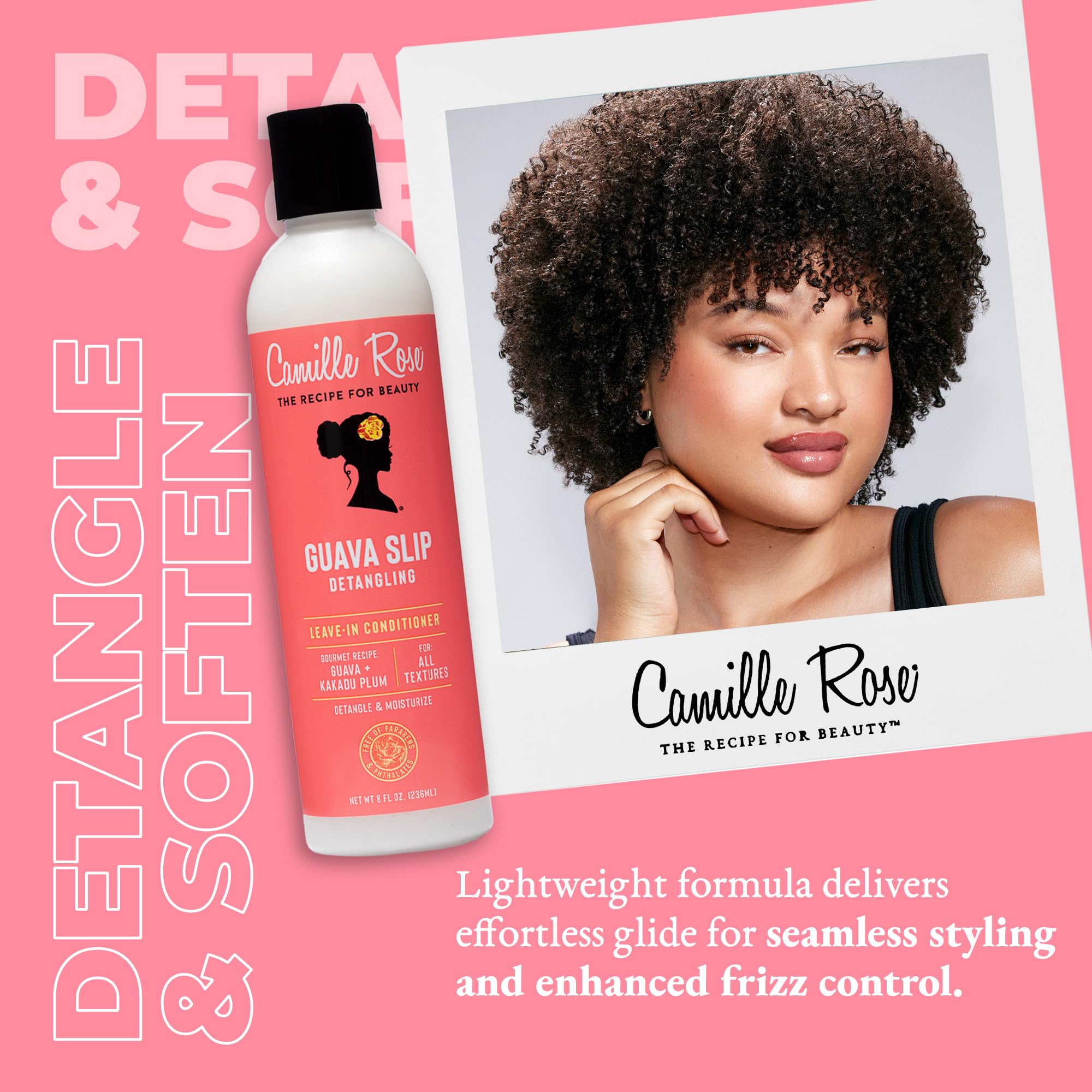 Camille Rose Guava Slip application on damp hair demonstrates quick smoothing
