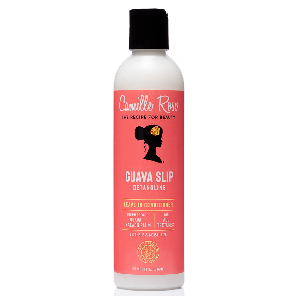 Camille Rose Guava Slip leave-in bottle close-up showing detangling ease