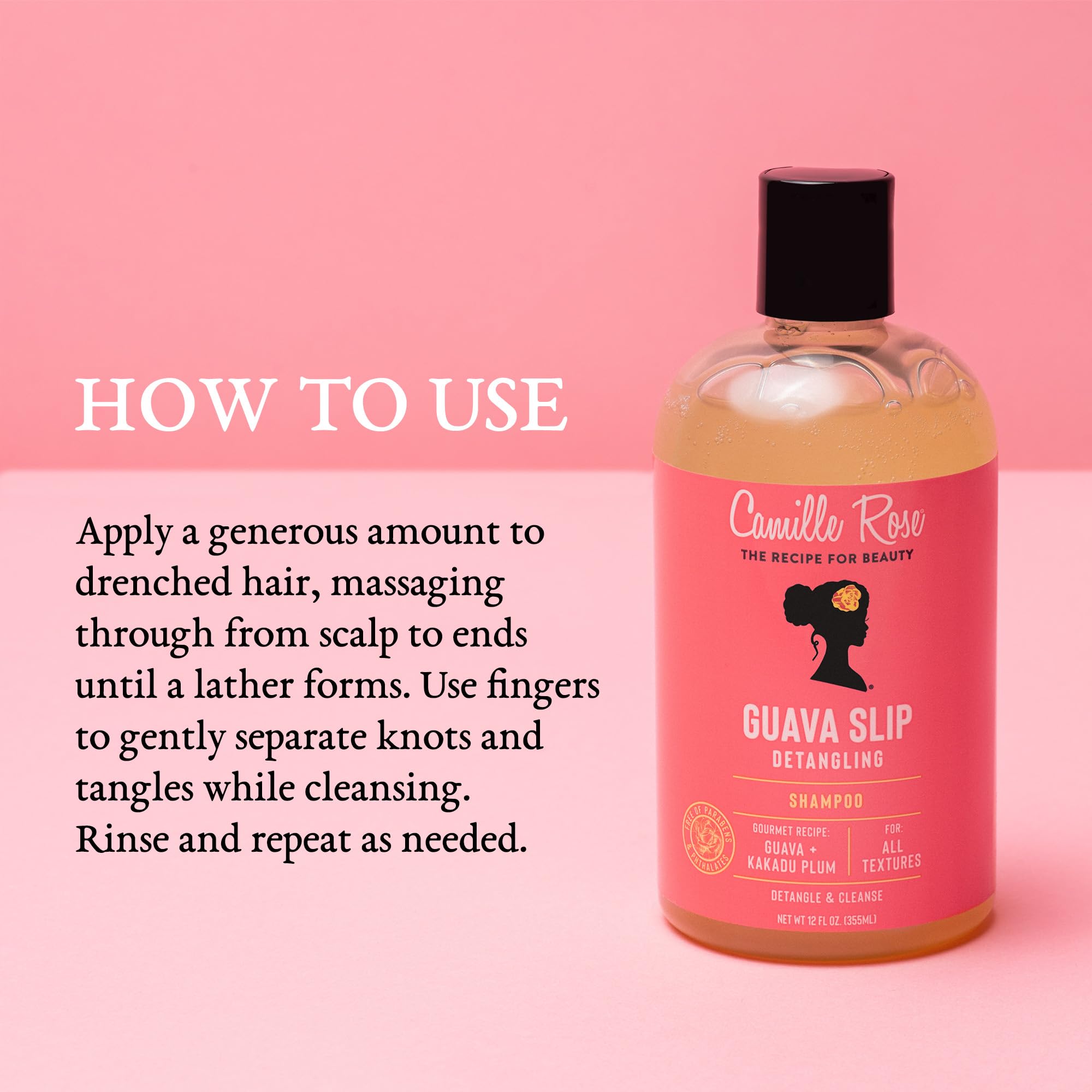 Camille Rose Guava Slip Shampoo cabello con nudos parcialmente desenredados
