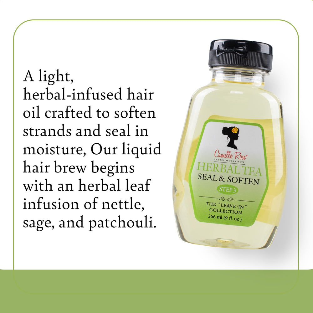 Camille Rose Herbal Tea Leave-In Oil drops seal with lightweight hydration and frizz control.