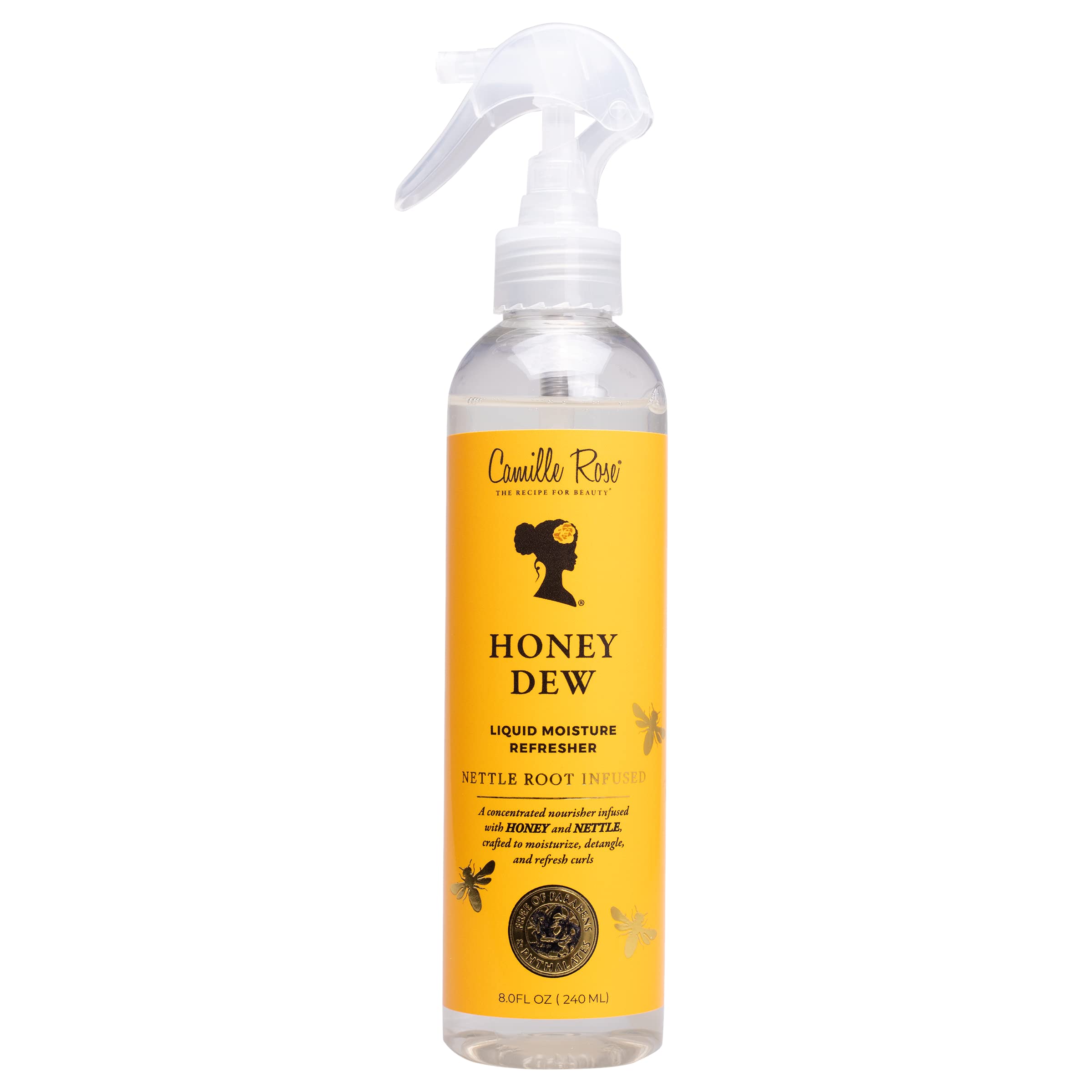 Camille Rose Honey Dew bottle closeup for hydrating curl refresh