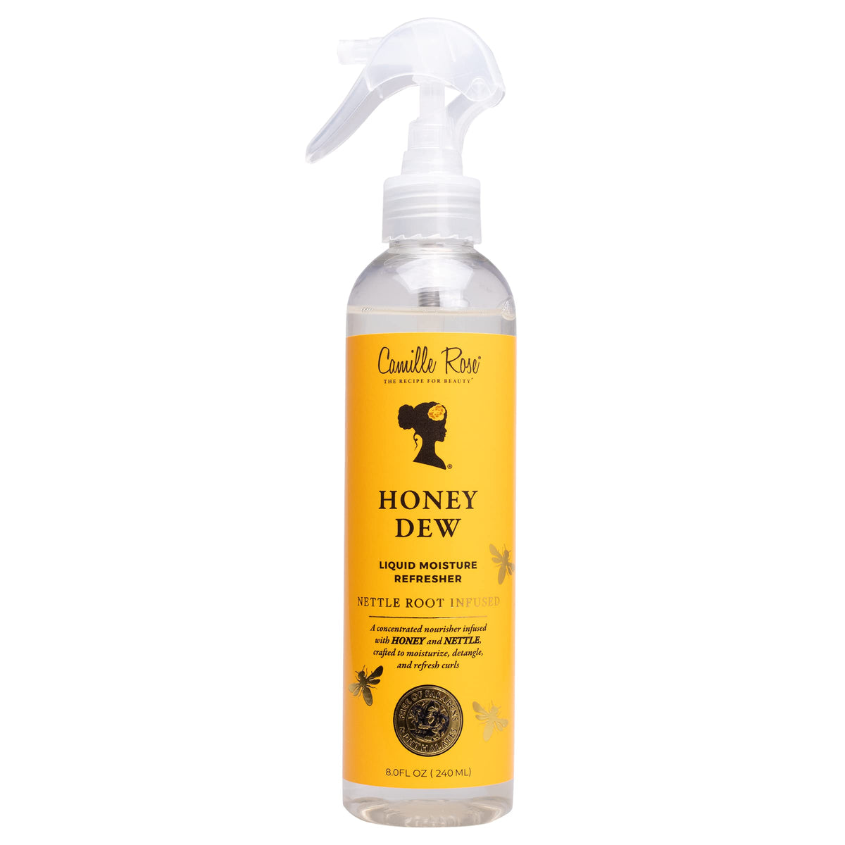 Camille Rose Honey Dew bottle closeup for hydrating curl refresh