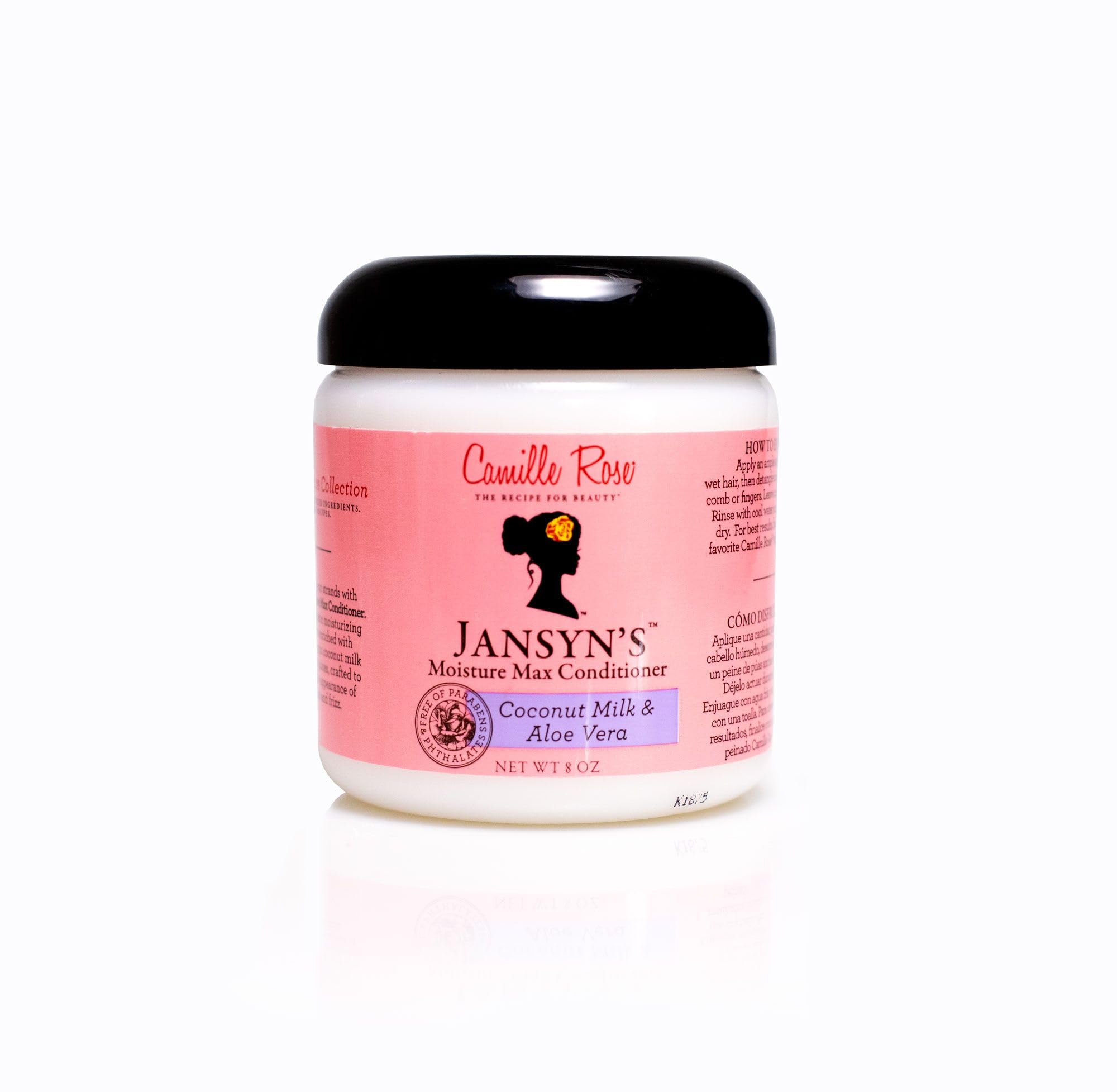 Camille Rose Jansyns Moisture Max conditioner bottle front view for frizz control and hydration.