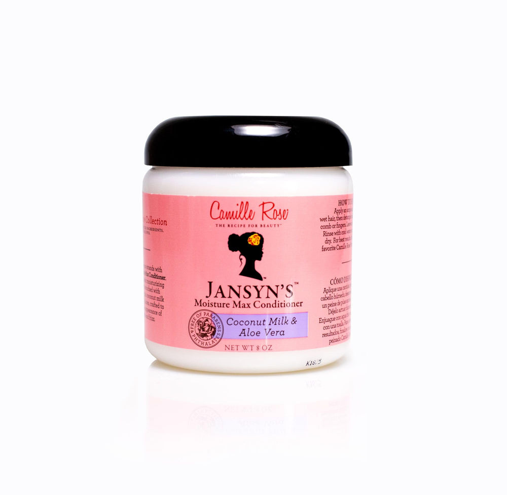 Camille Rose Jansyns Moisture Max conditioner bottle front view for frizz control and hydration.