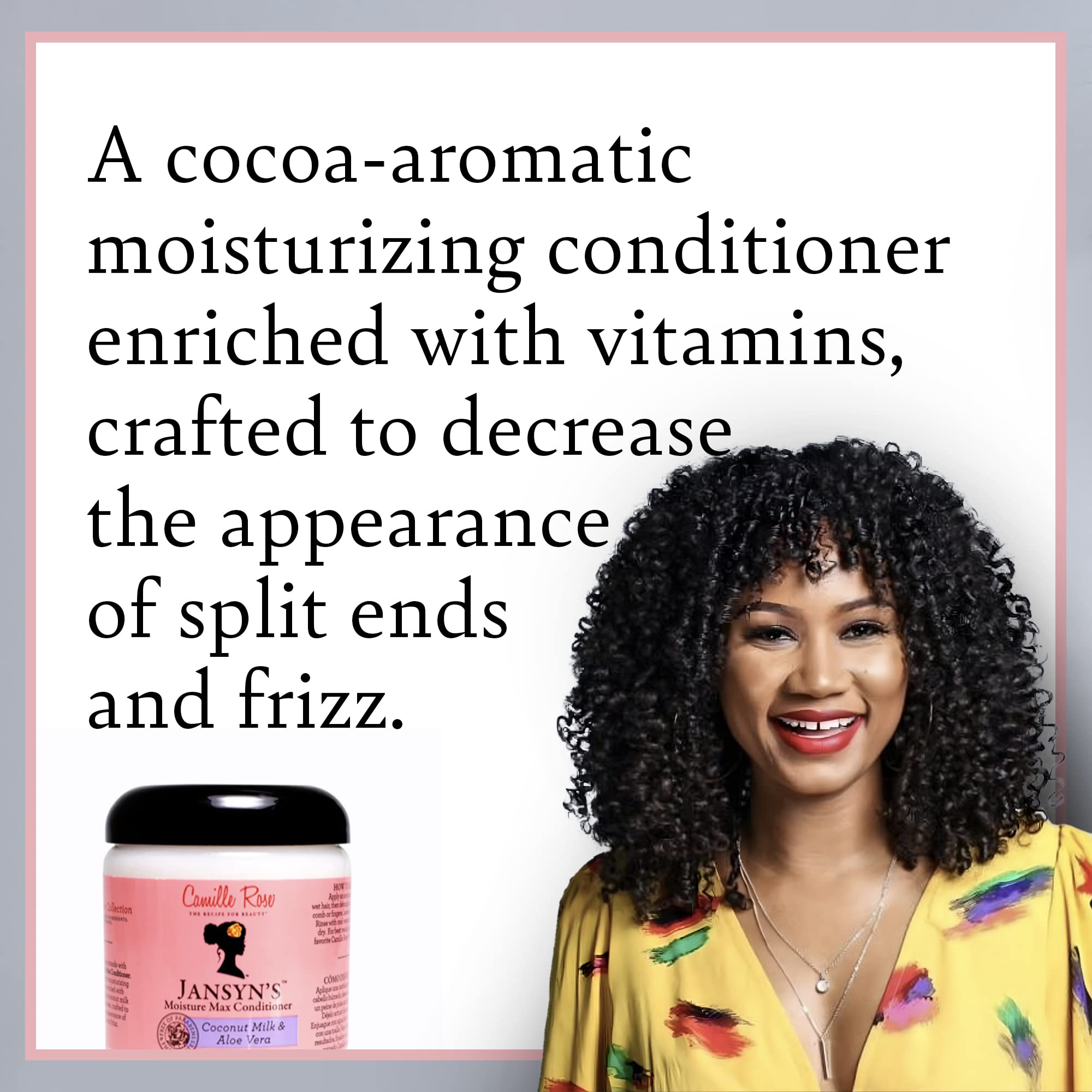 Camille Rose Jansyns Moisture Max conditioner label back view notes vitamins for color-treated hair.