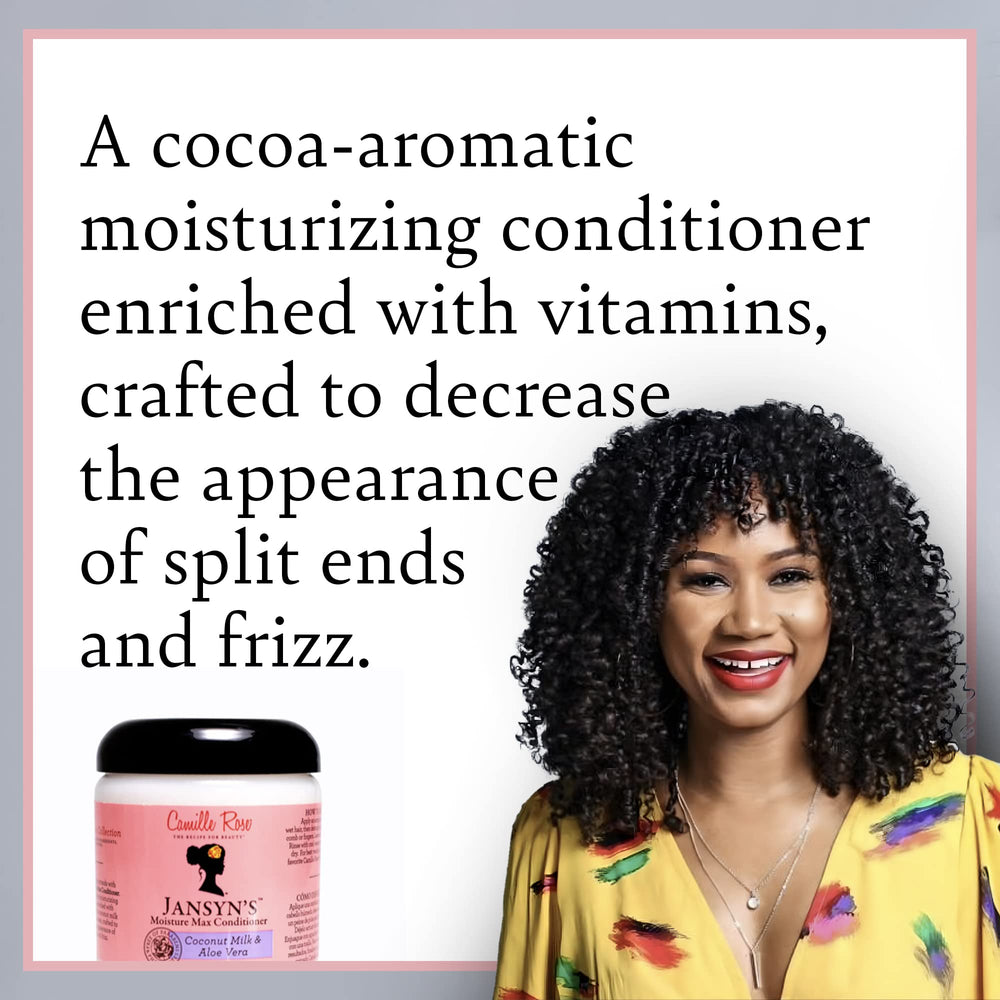 Camille Rose Jansyns Moisture Max conditioner label back view notes vitamins for color-treated hair.