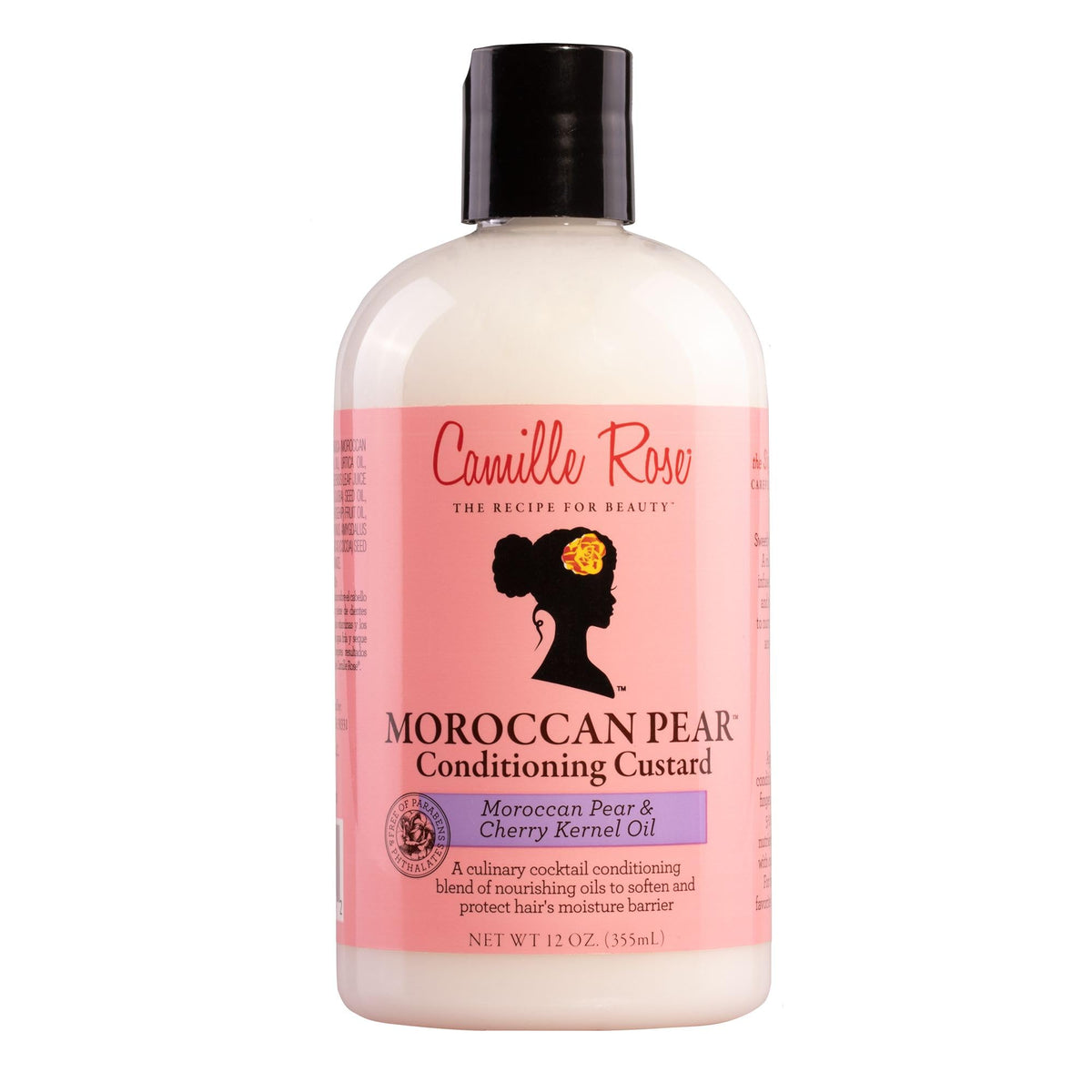 Camille Rose Moroccan Pear Conditioner bottle highlights nourishing formula for soft, hydrated hair
