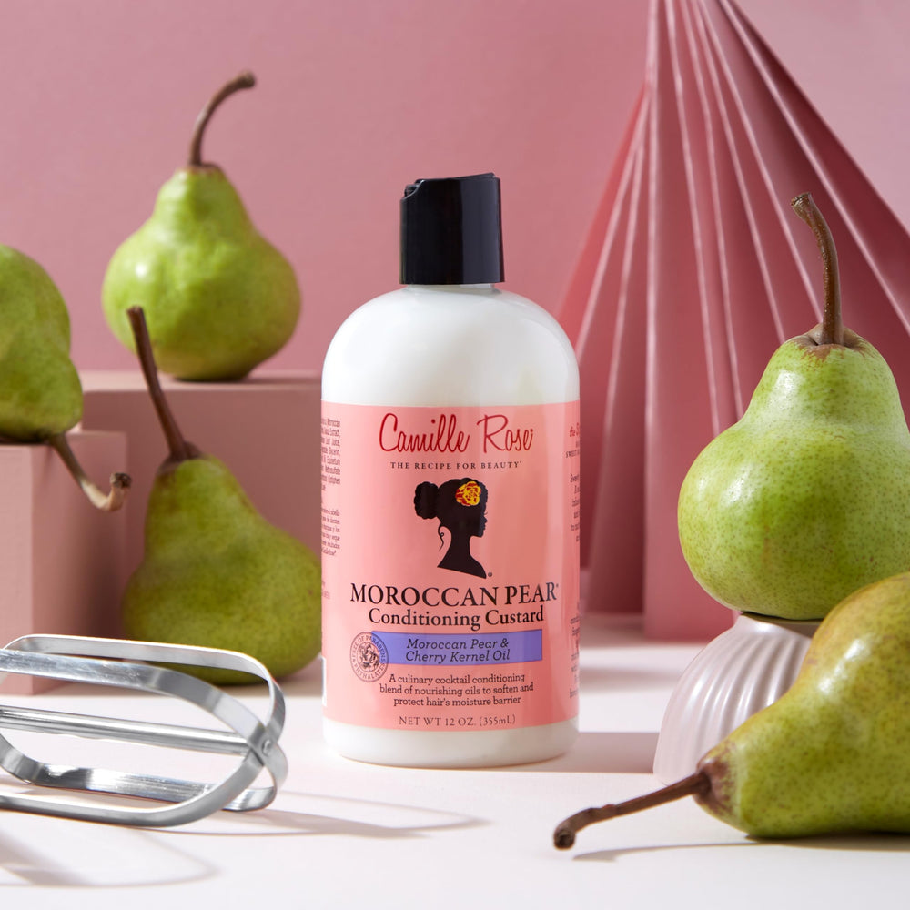 Camille Rose Moroccan Pear hair after conditioning shows soft, frizz-free texture