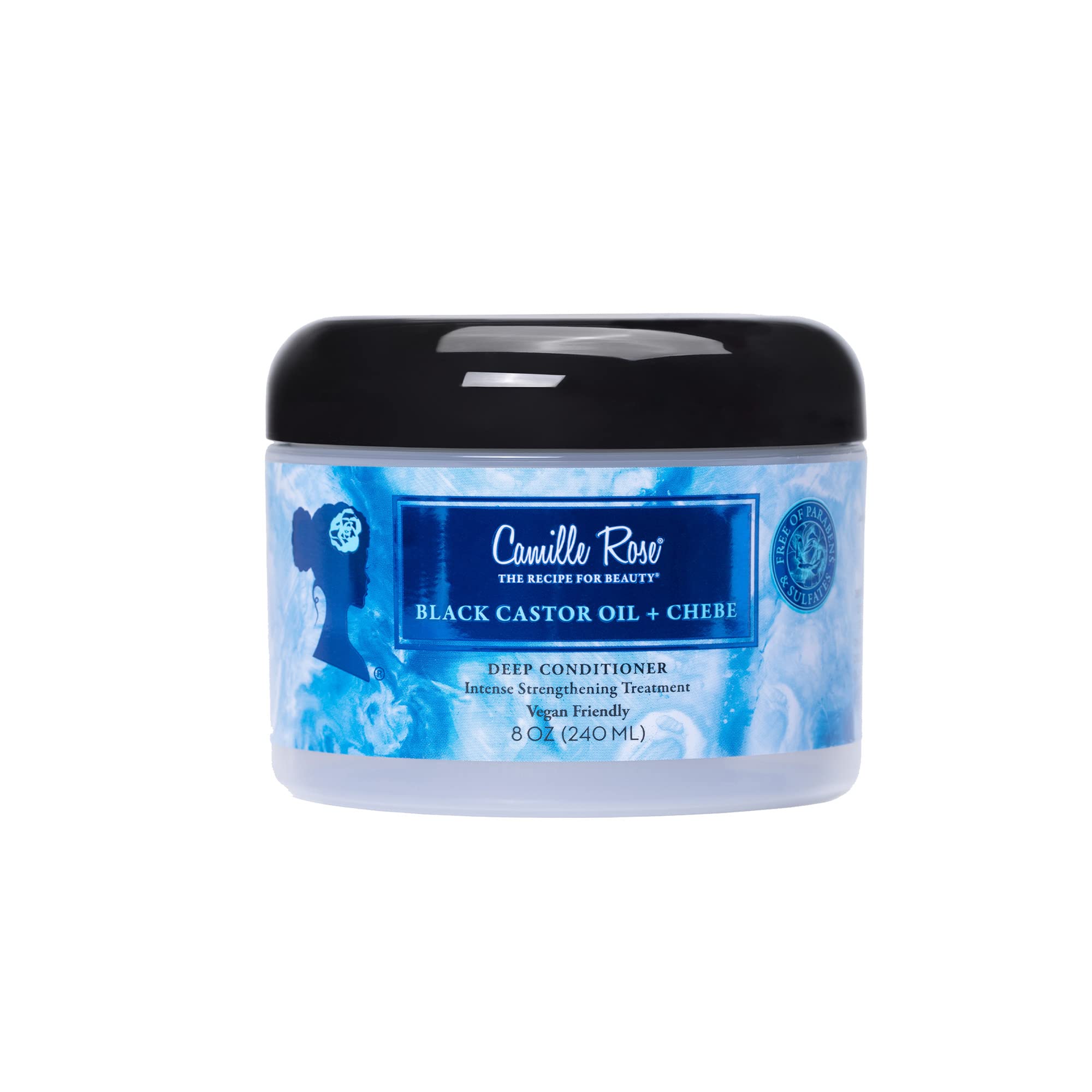 Camille Rose vegan black castor oil chebe deep conditioner jar open shows rich, nourishing formula.