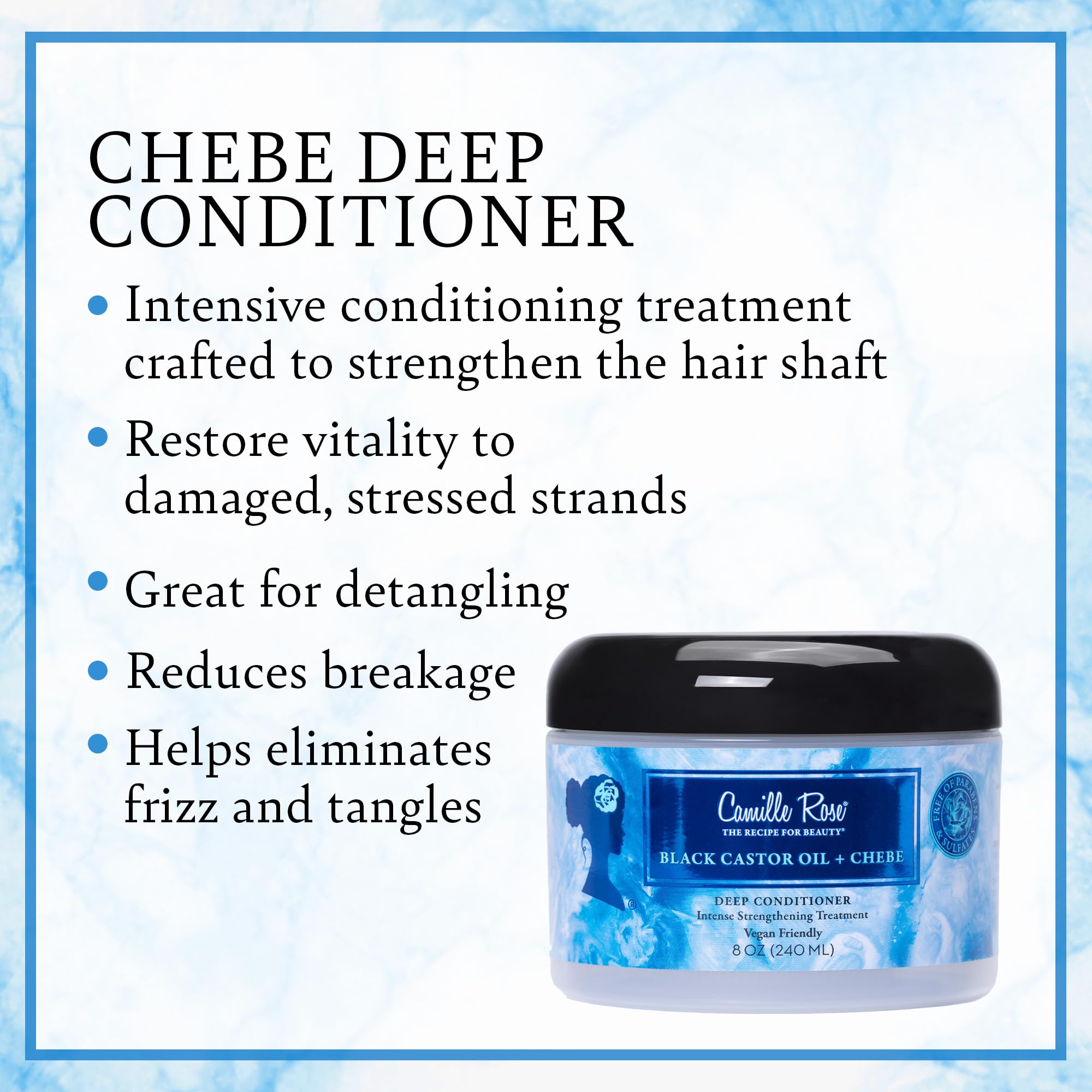 Camille Rose vegan black castor oil chebe deep conditioner texture closeup reveals silky moisture.
