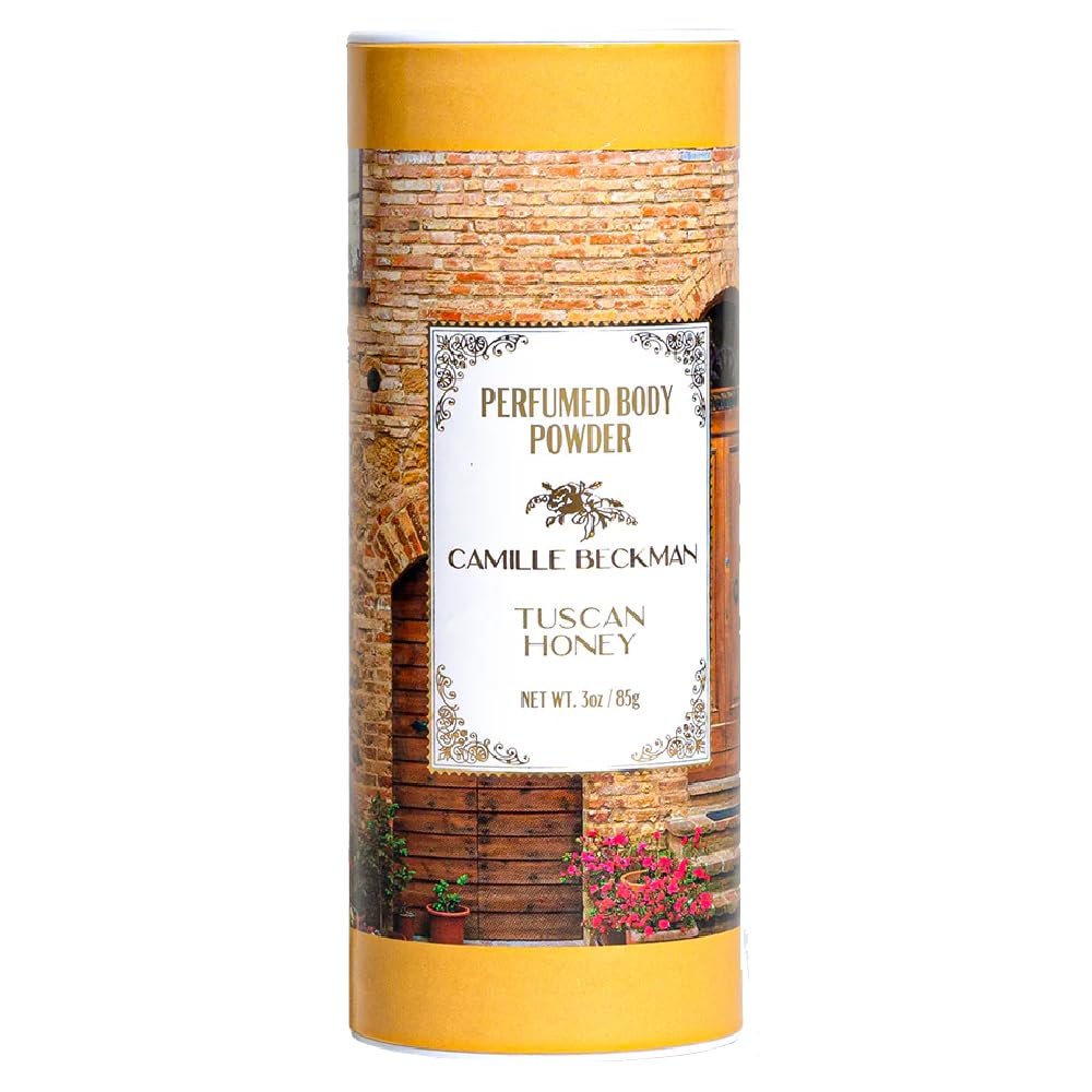 Camille Beckman Tuscan Honey powder jar shows talc-free formula for gentle skin care.