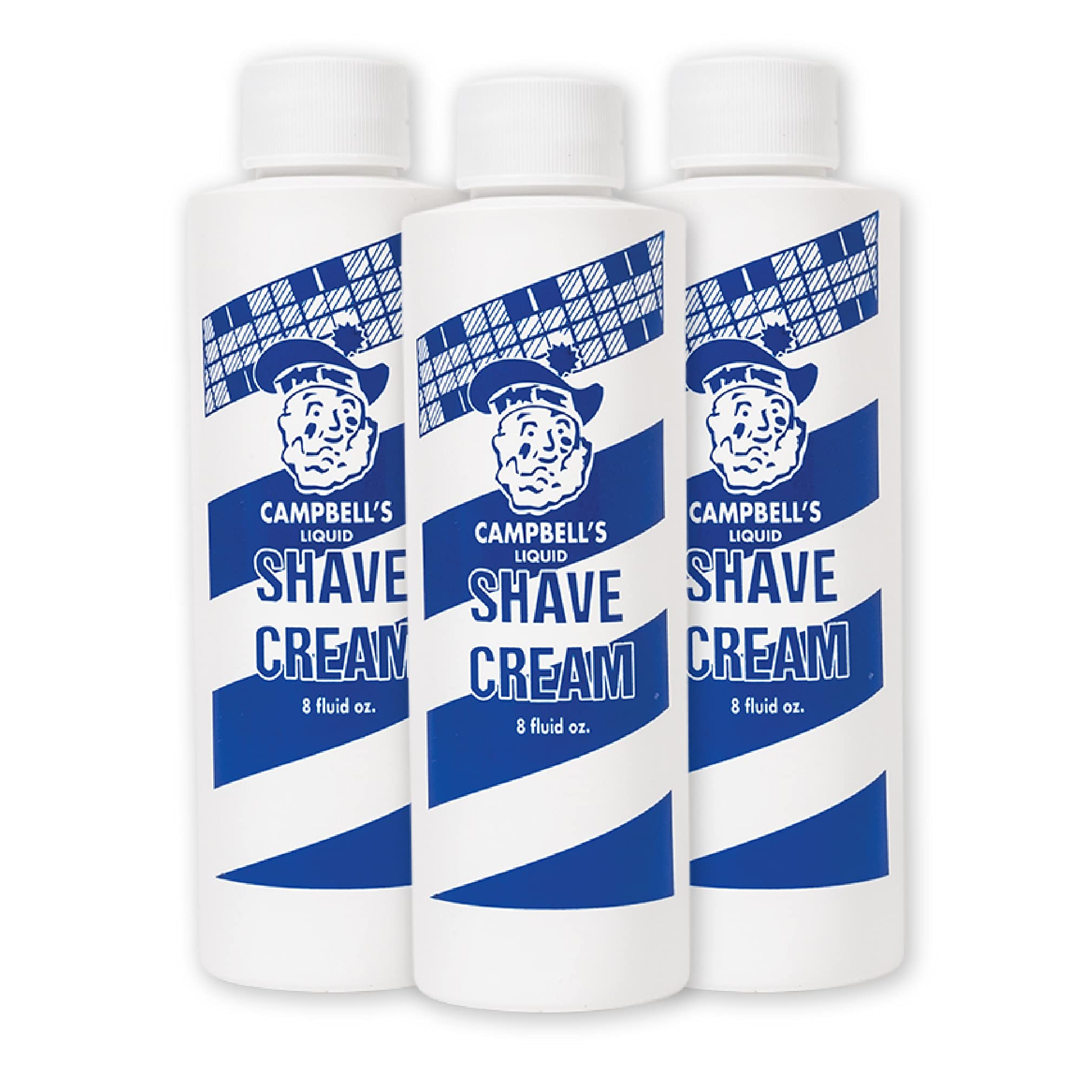 Campbell’s Liquid Shave Cream bottle showing premium barber-grade lather for a smooth shave.
