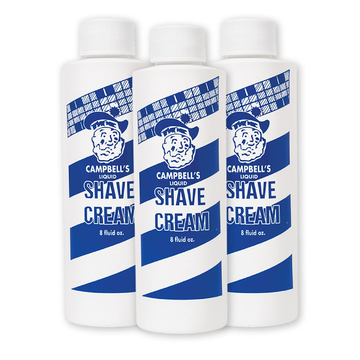 Campbell’s Liquid Shave Cream bottle showing premium barber-grade lather for a smooth shave.