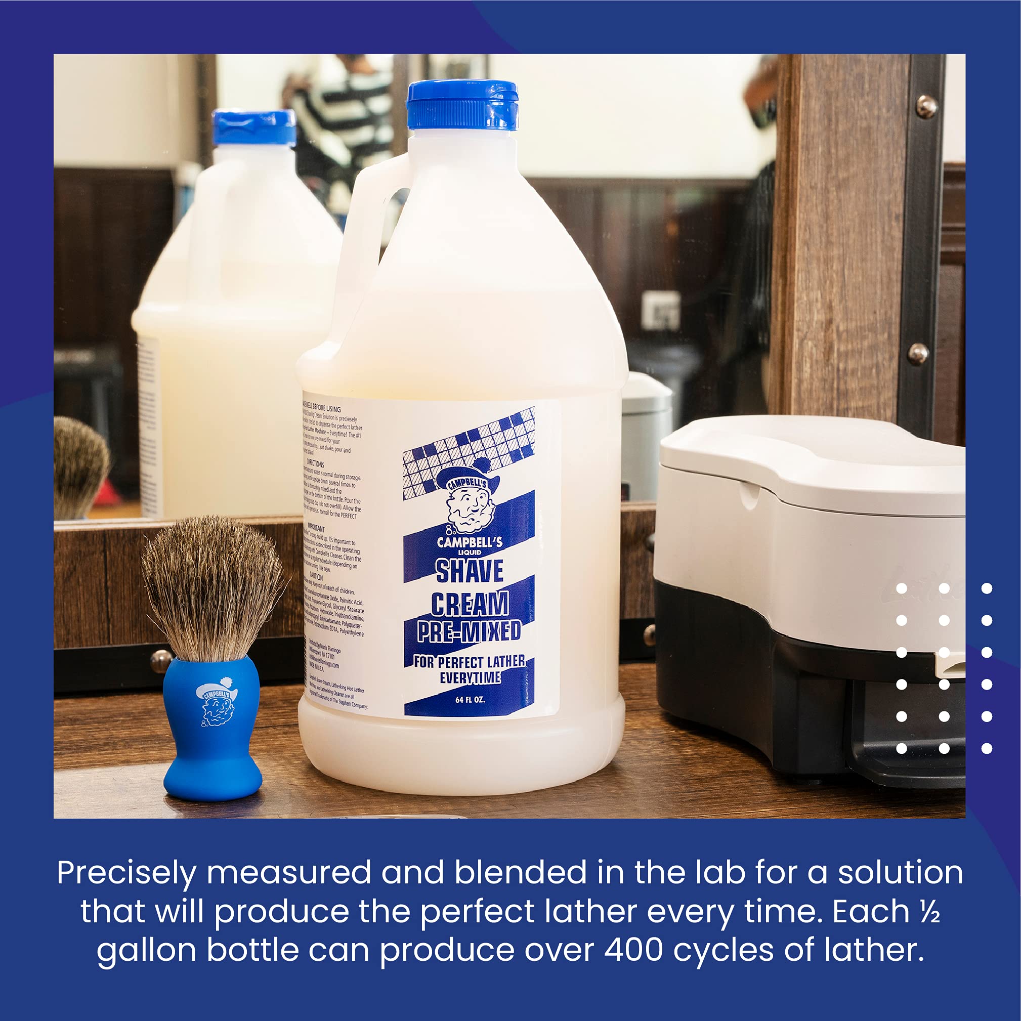 Campbell's pre-mixed shave cream 64oz pour demonstrates easy dispensing for consistent lather every time.
