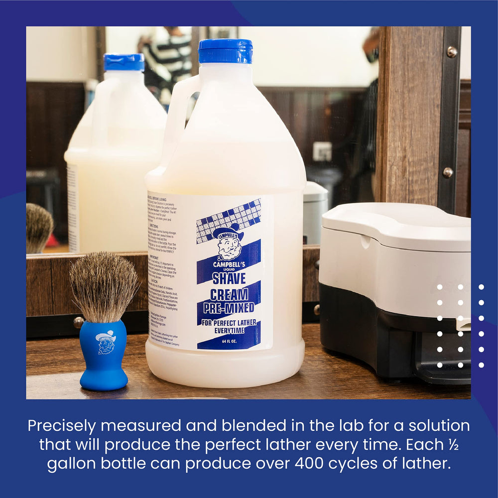 Campbell's pre-mixed shave cream 64oz pour demonstrates easy dispensing for consistent lather every time.