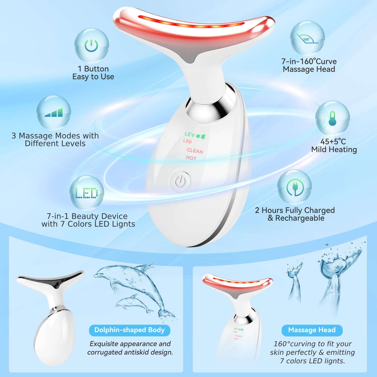 Candio face-neck massager 7-colors LED modes offer customized skin pampering experiences.