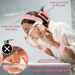 Canitor spa headband bow-style showcases hair-away-from-face design during cleansing.