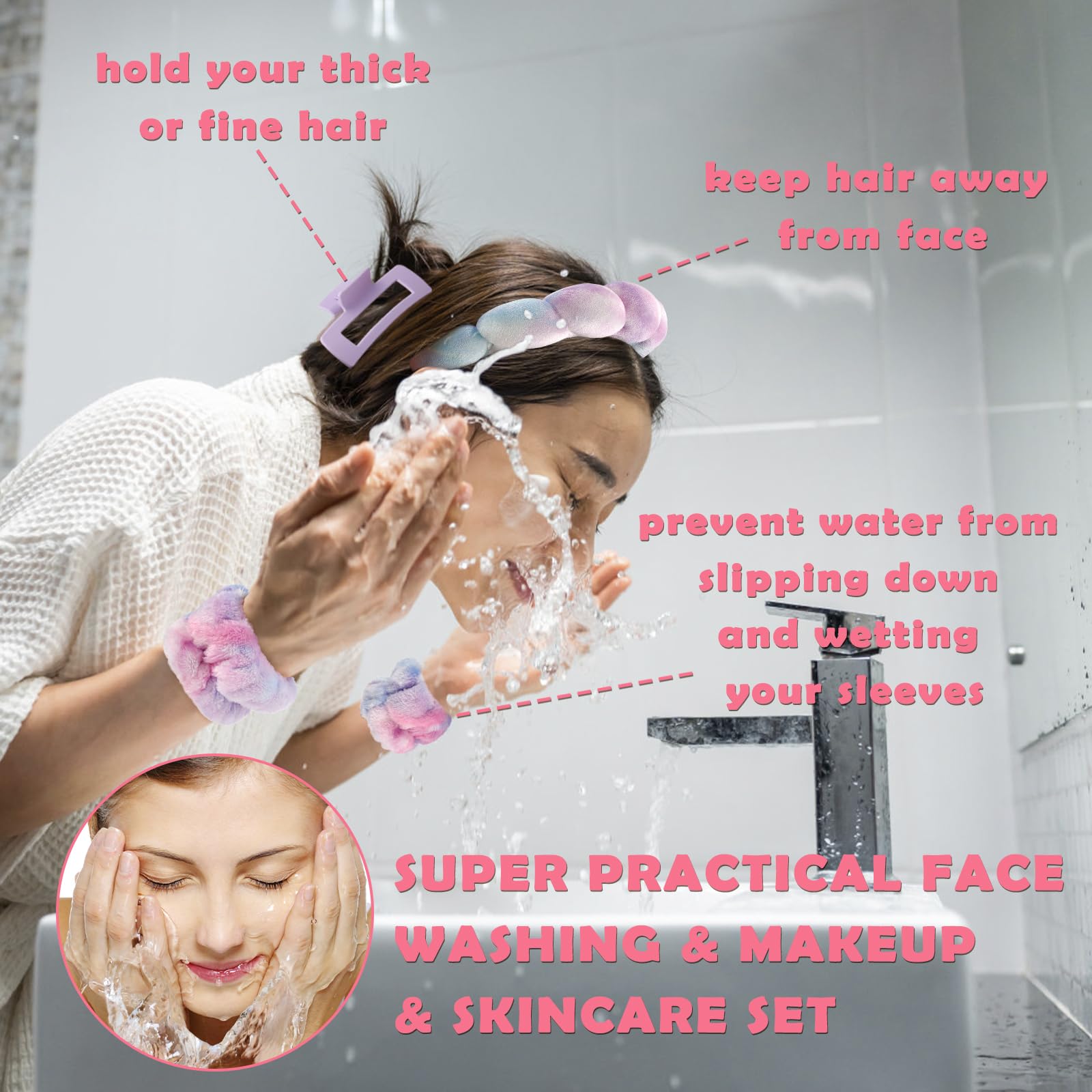 Canitor spa headbands wristbands closeup demonstrates non-slip grip for mess-free washing.