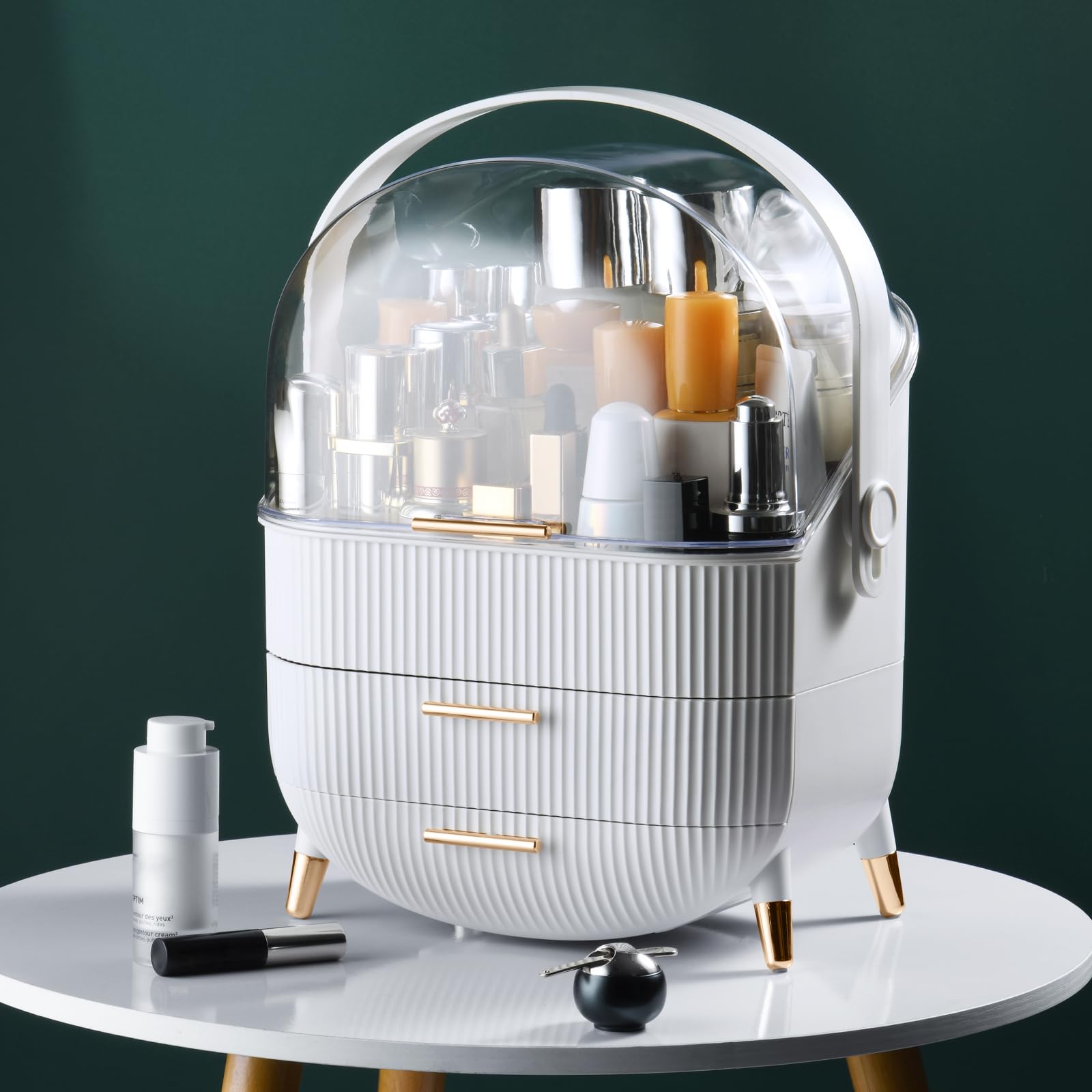 CANITORON makeup organizer with handle and nonslip feet for stable placement.