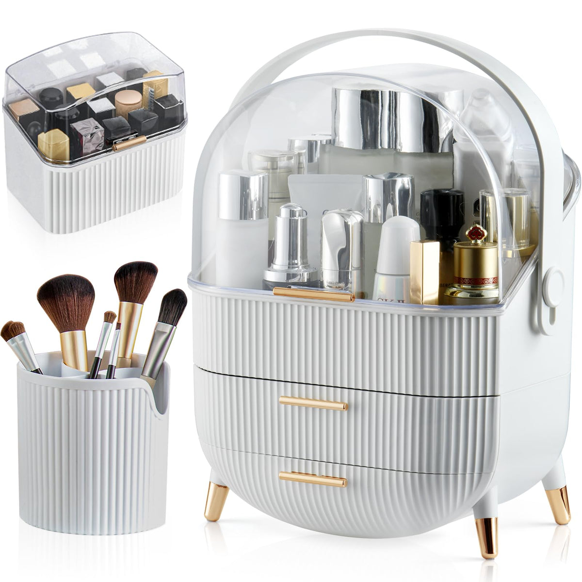 CANITORON makeup organizer top view reveals easy access to cosmetics on a tidy vanity.