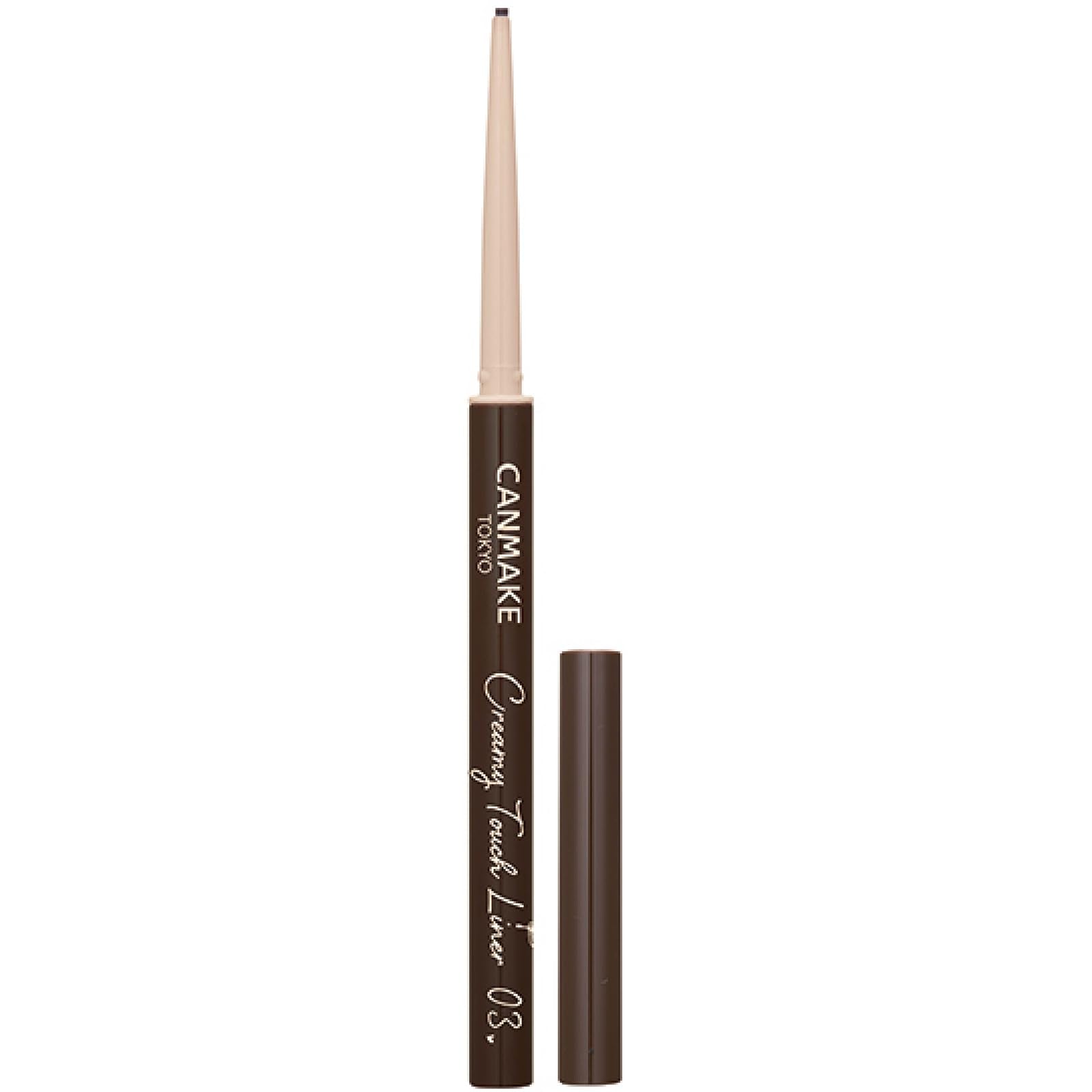 CANMAKE Creamy Touch Liner 03 Dark Brown cap close-up shows smooth glide for precise lash-line definition