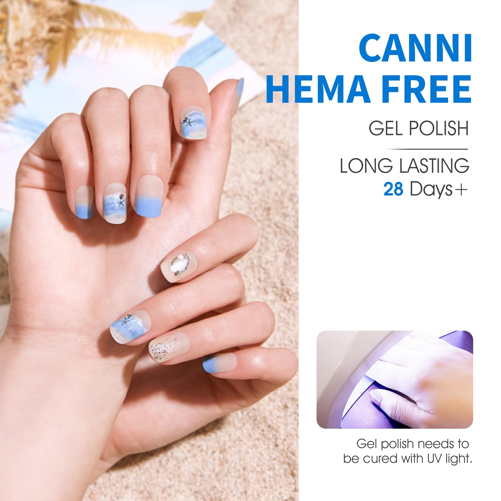CANNI Blue Gel Nail Polish Set 3D crystal label adds premium appeal on display.