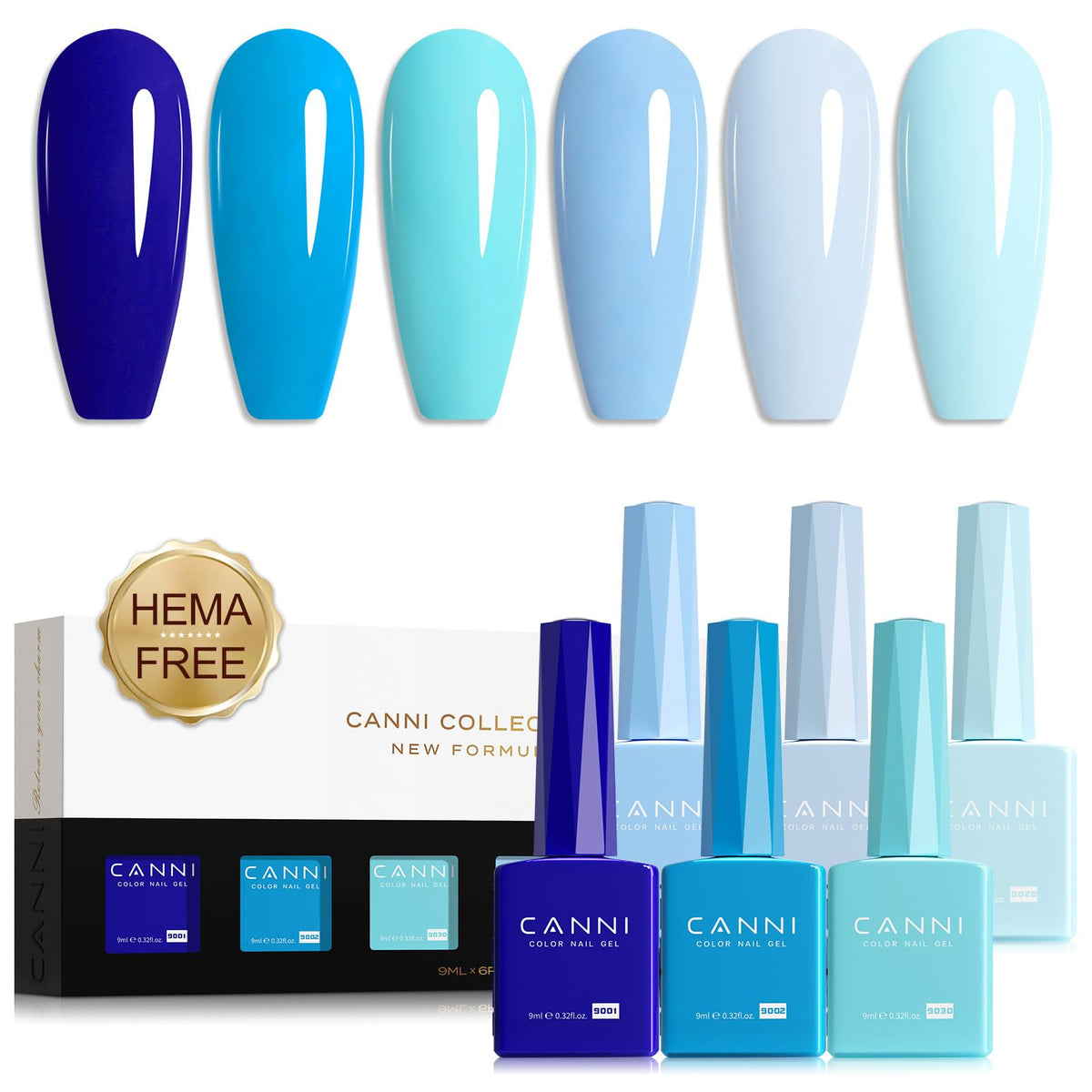CANNI Blue Gel Nail Polish Set packaging shows vibrant bottles for easy shade matching.