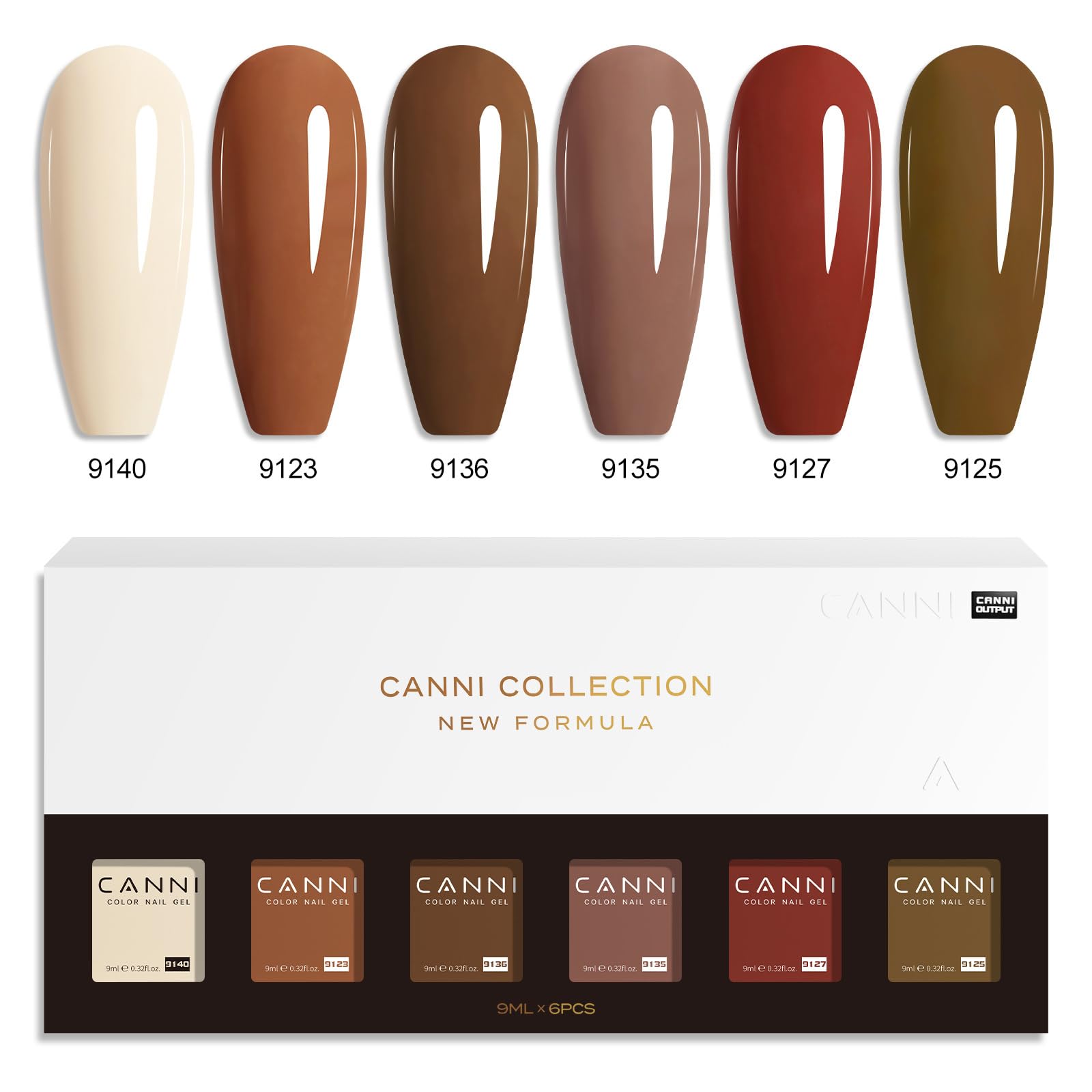 CANNI Brown Nude 9ml bottles offer compact, easy-to-store gel polish for at-home use.