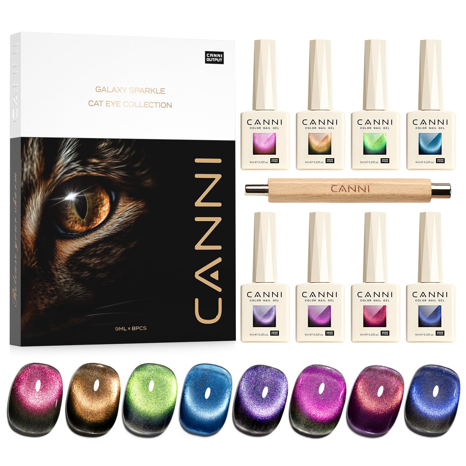 CANNI cat-eye gel polish set overview showing eight colors and magnet kit for DIY nails