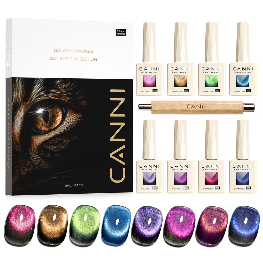 CANNI cat-eye gel polish set overview showing eight colors and magnet kit for DIY nails