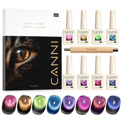 CANNI cat-eye gel polish set overview showing eight colors and magnet kit for DIY nails