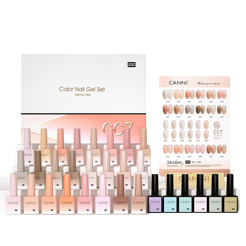 CANNI CC7 gel polish bottles lineup shows 30 colors for versatile at-home manicures.