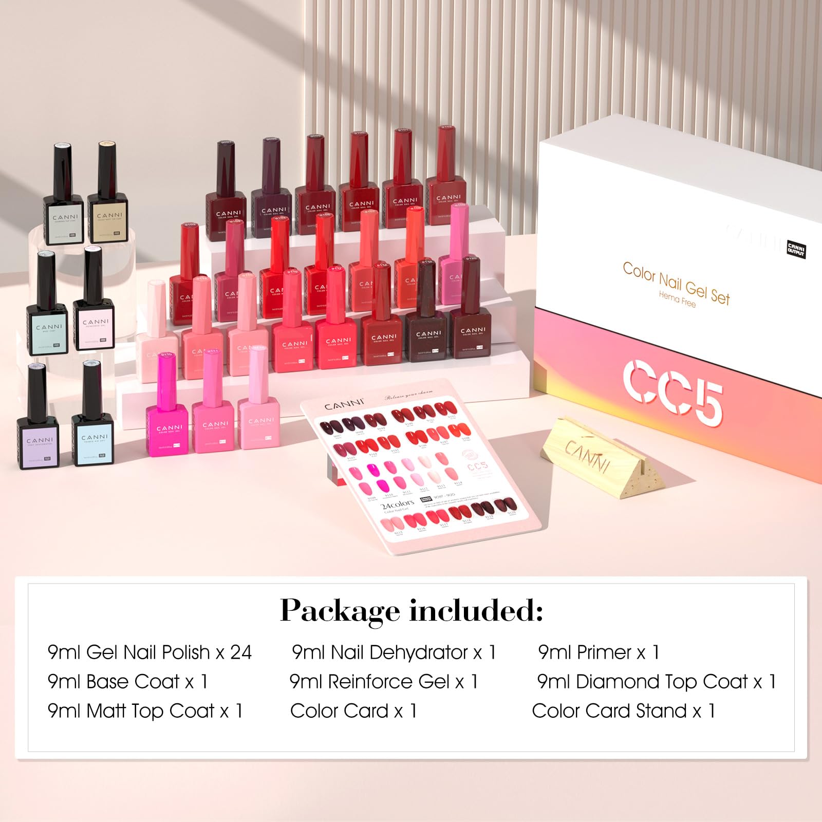 CANNI color bottles arranged with swatches