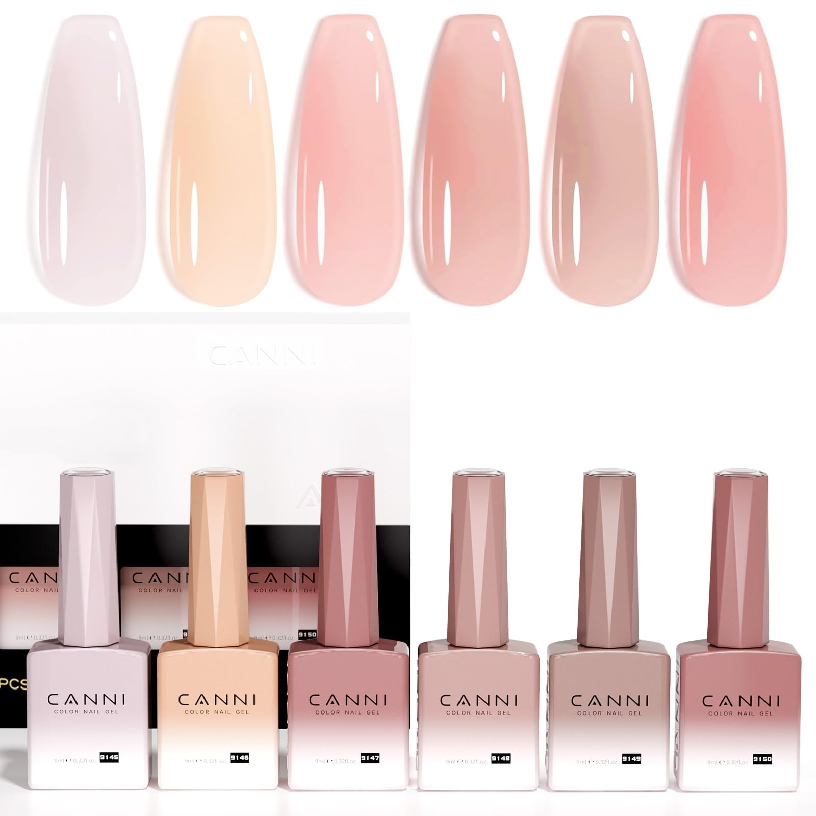 CANNI jelly-gel nail polish set six colors bottles for at-home manicure variety.