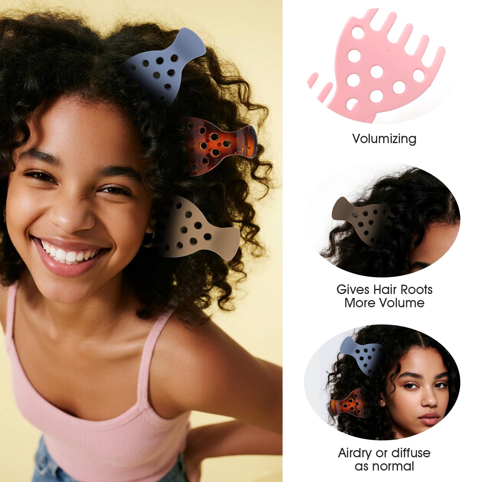 Canumer snag-free clips demonstrate gentle, damage-free hair styling for textured curls.