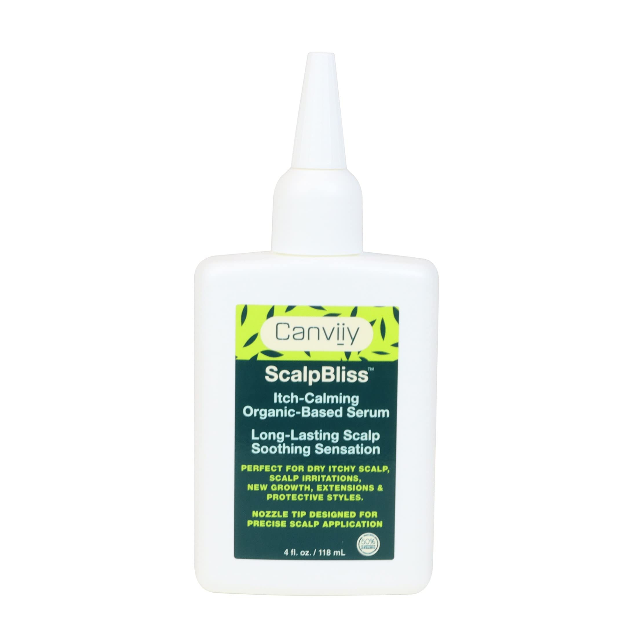 Canviiy ScalpBliss serum bottle top view for calm, hydrated scalp.