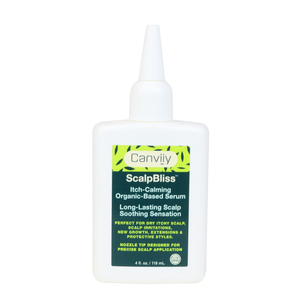 Canviiy ScalpBliss serum bottle top view for calm, hydrated scalp.