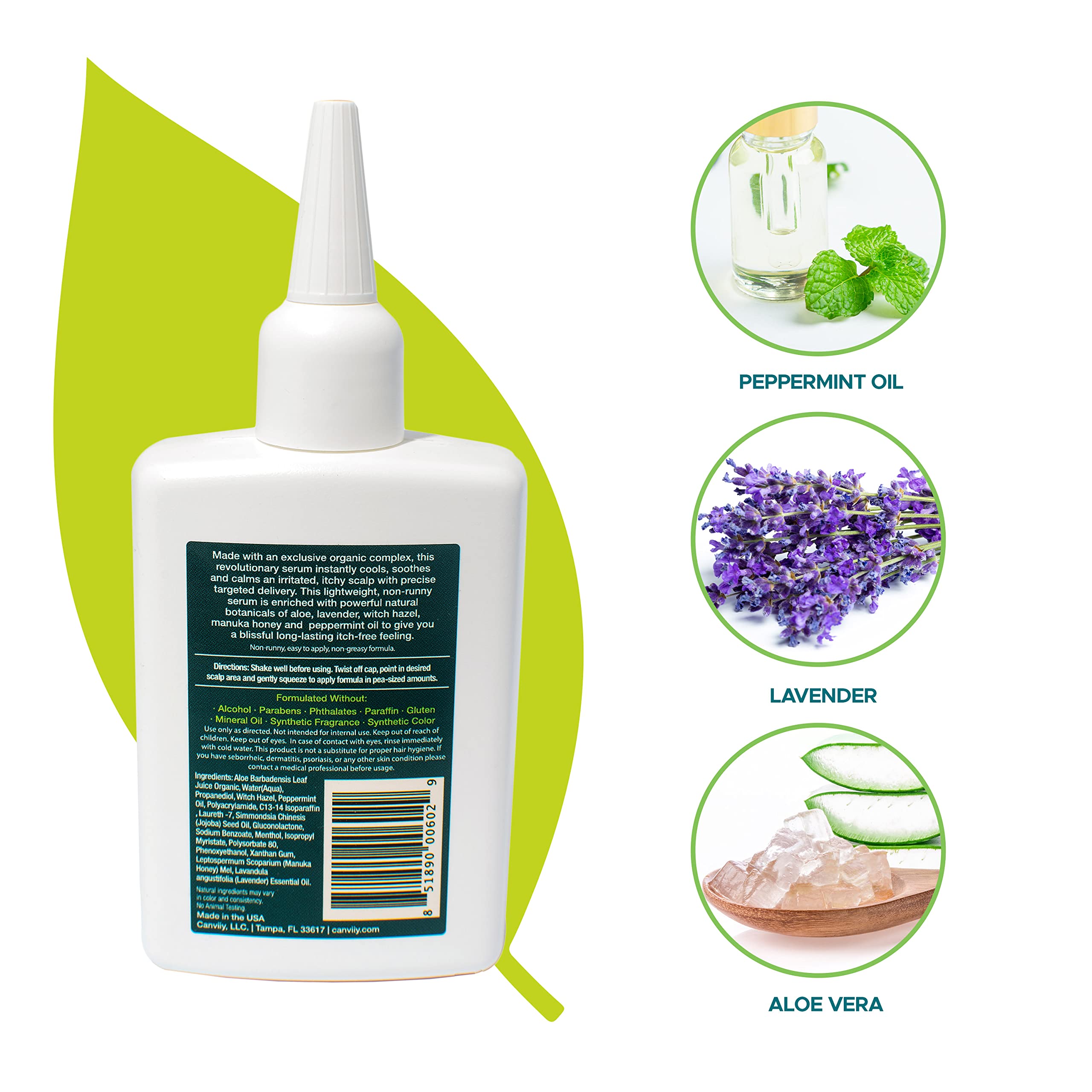 Canviiy ScalpBliss serum drop on scalp signaling quick itch relief.