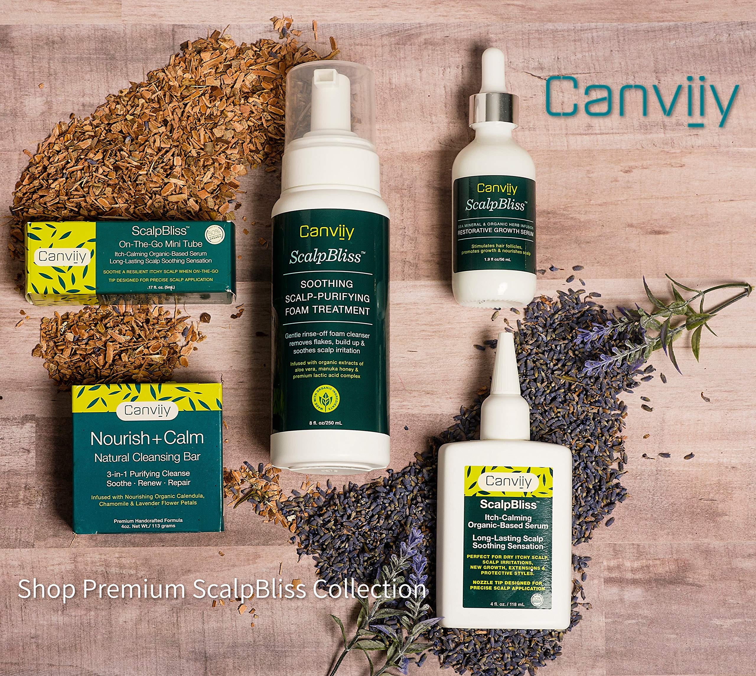 Canviiy ScalpBliss packaging highlights organic-based formula transparency.